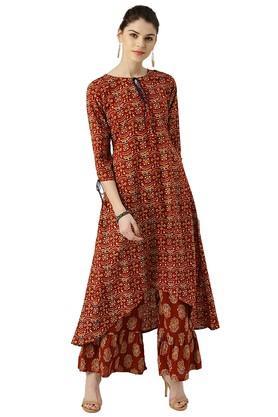 womens printed high low kurta with palazzo pants - multi