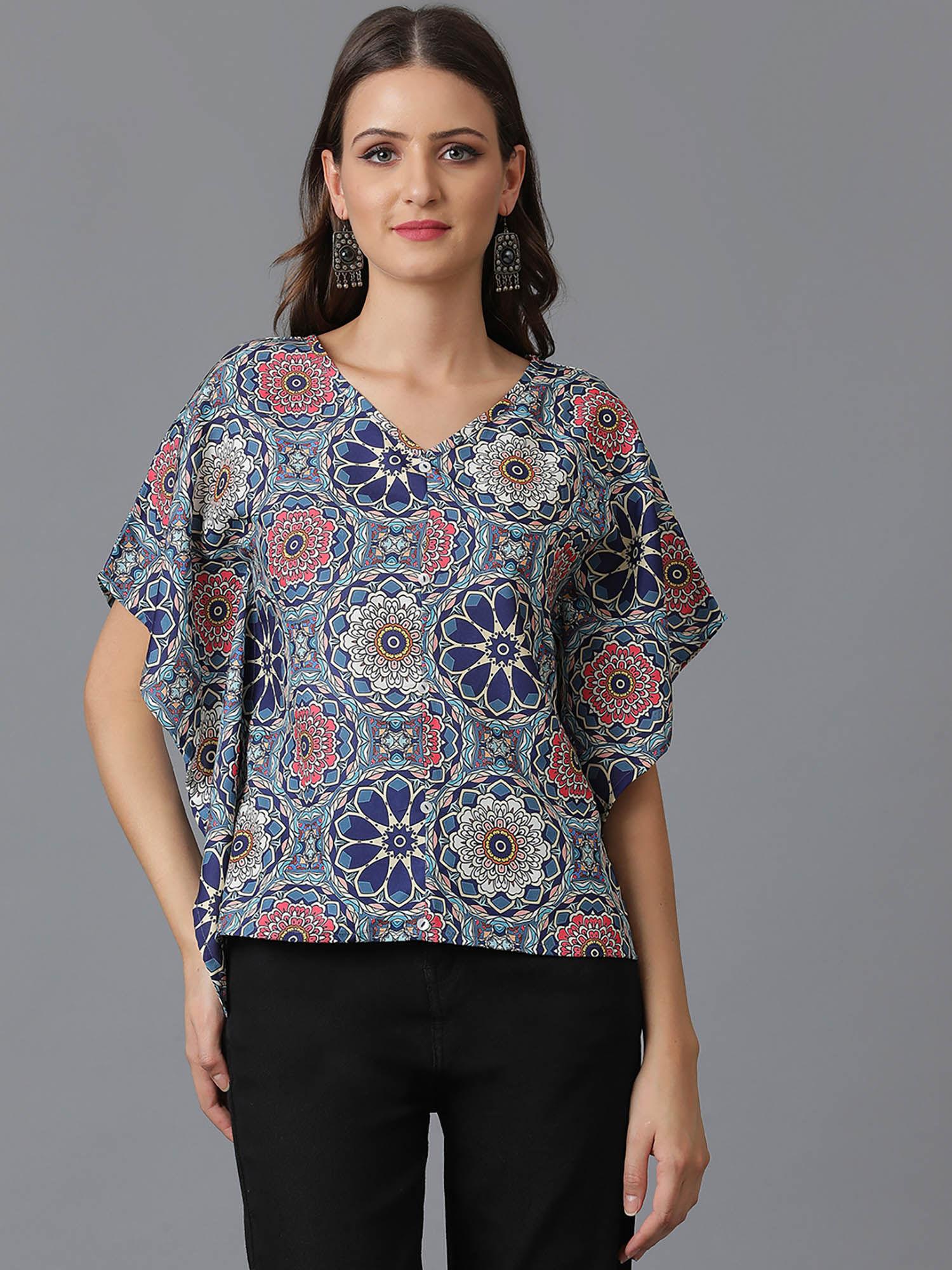 womens printed kimono sleeves blue top