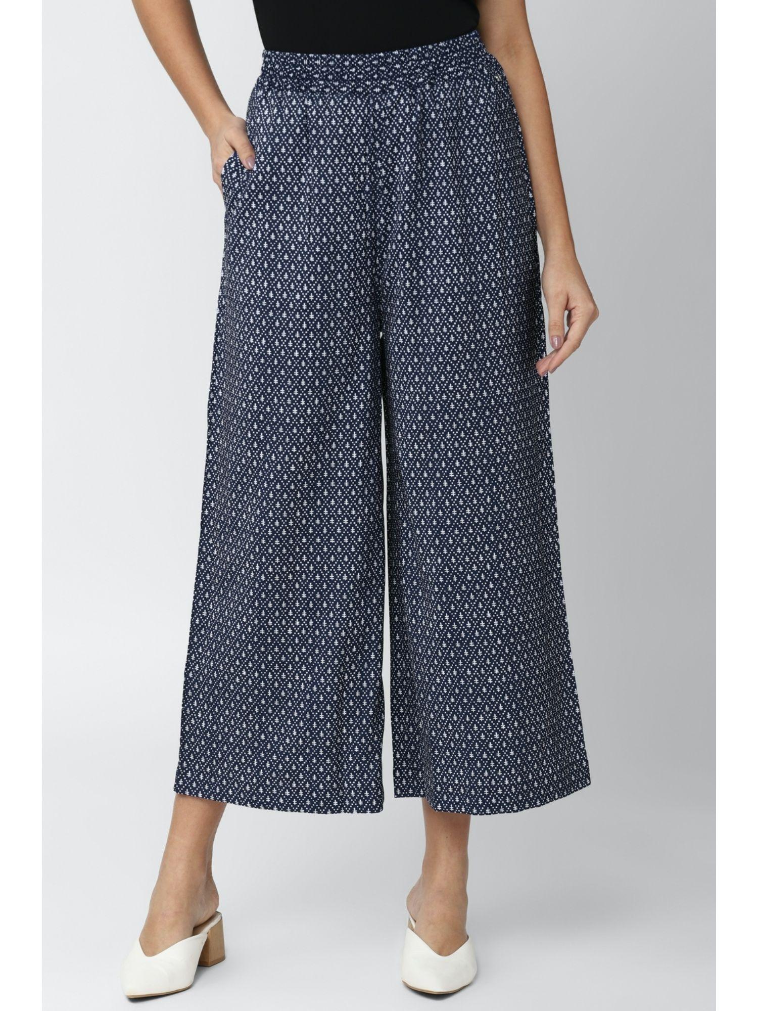 womens printed navy trousers