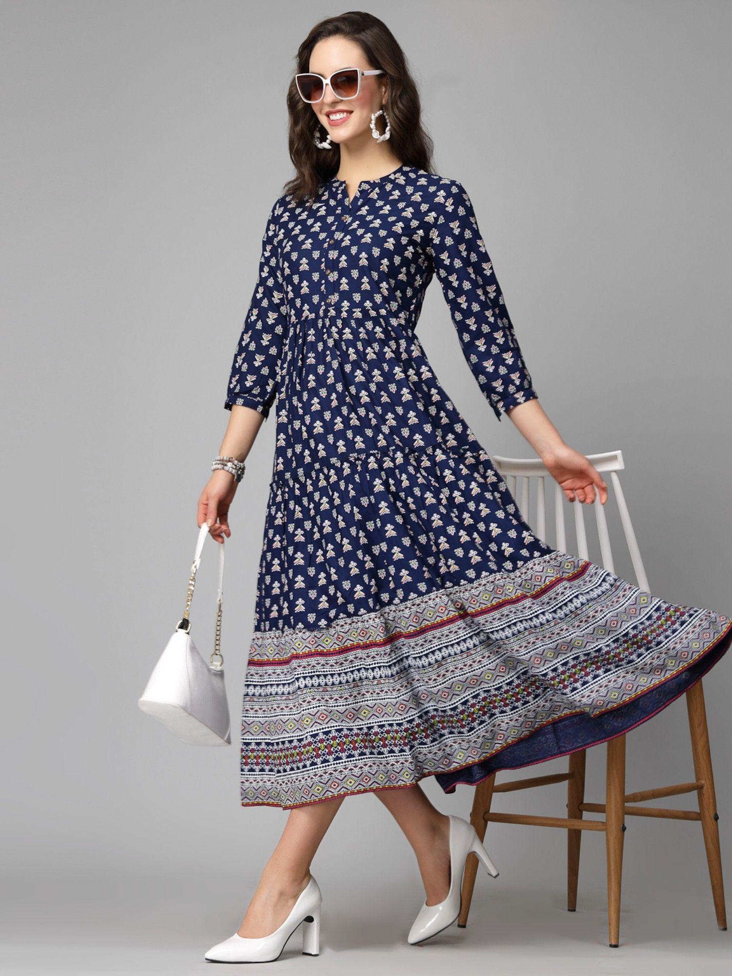 womens printed rayon tiered dress kurta