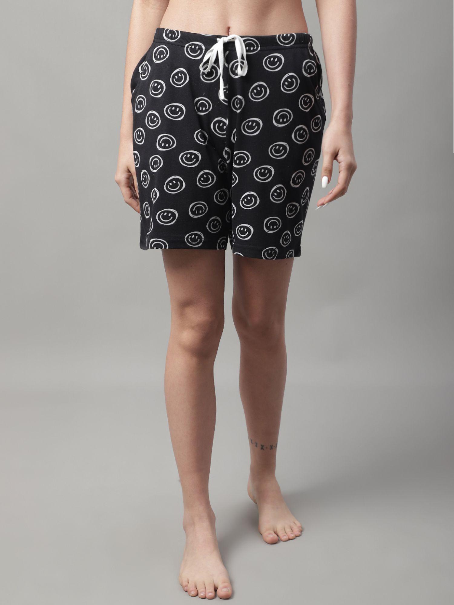 womens printed self design knitted shorts - black