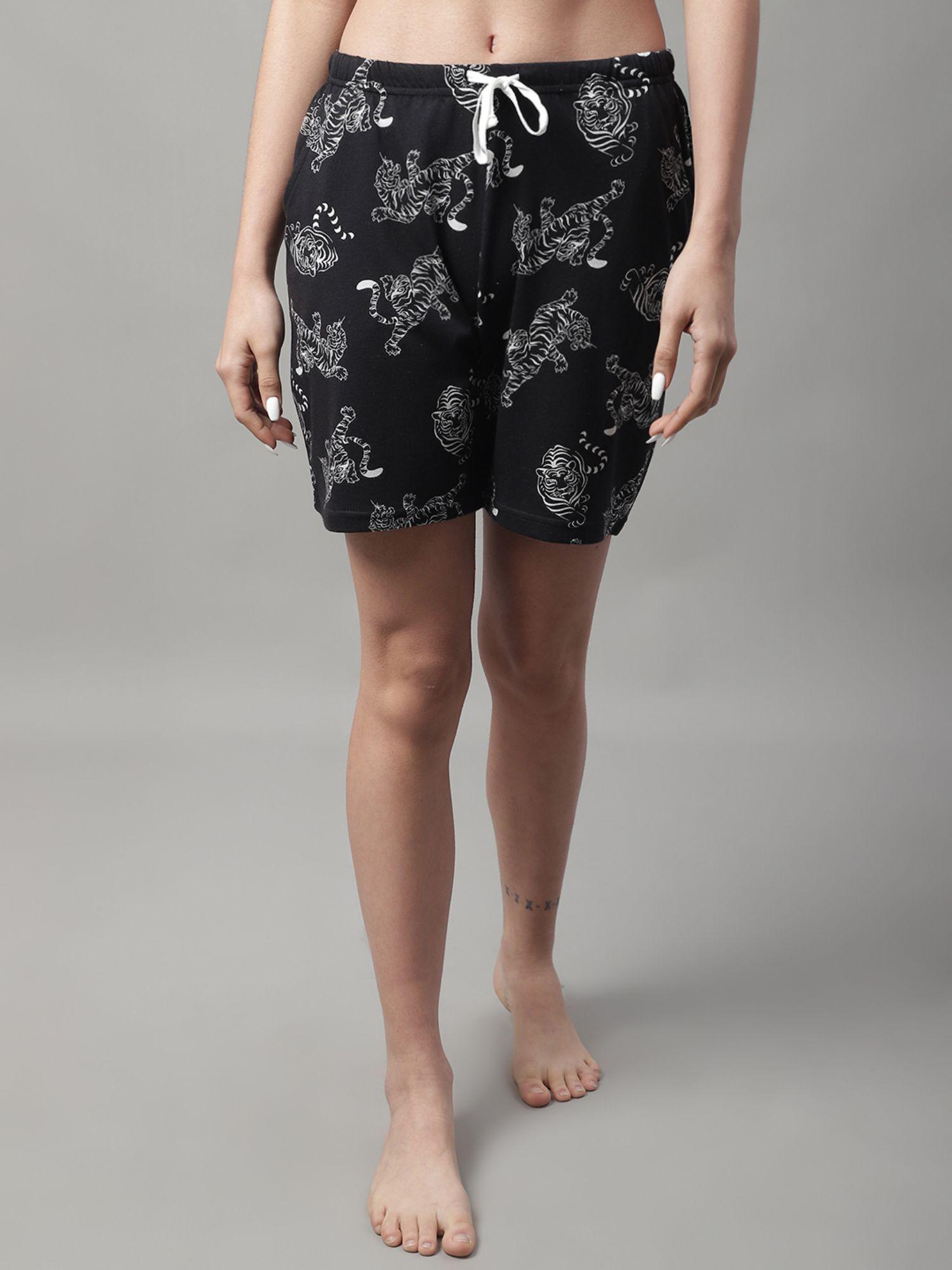 womens printed self design knitted shorts - black