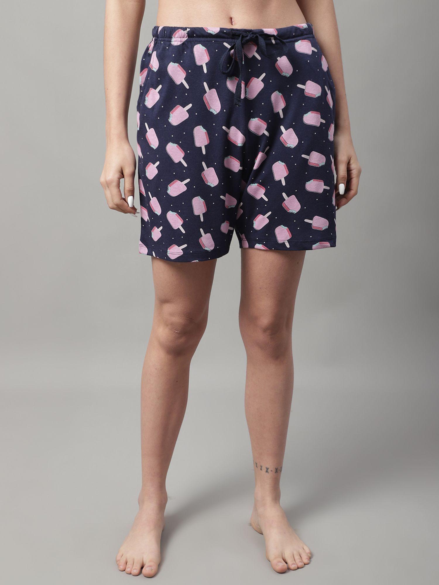 womens printed self design knitted shorts - navy blue