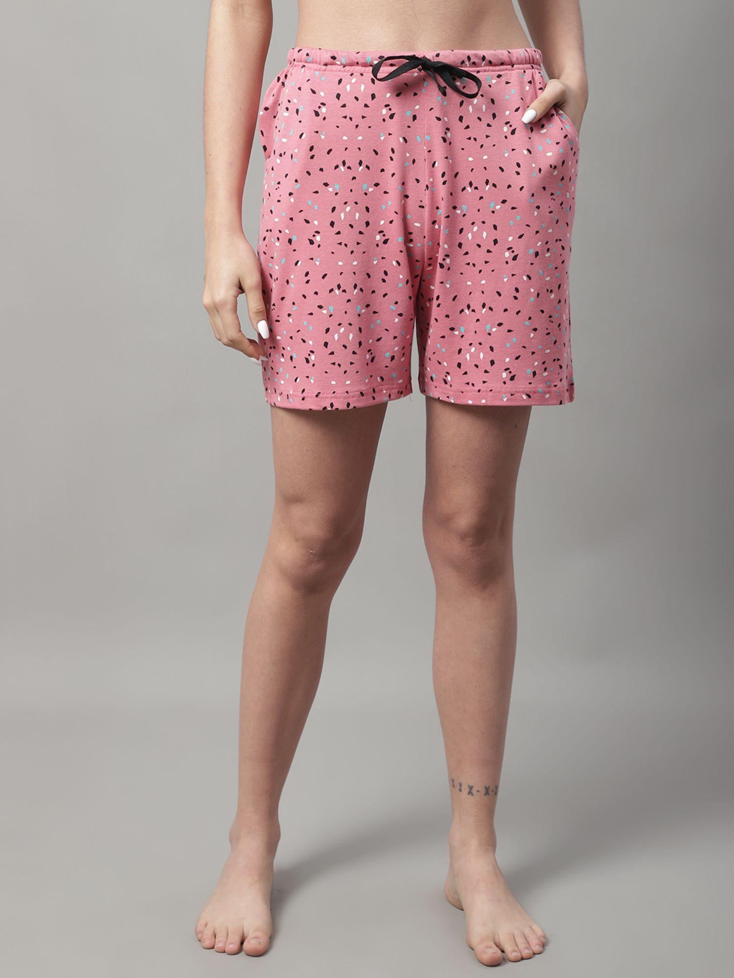 womens printed self design knitted shorts - peach