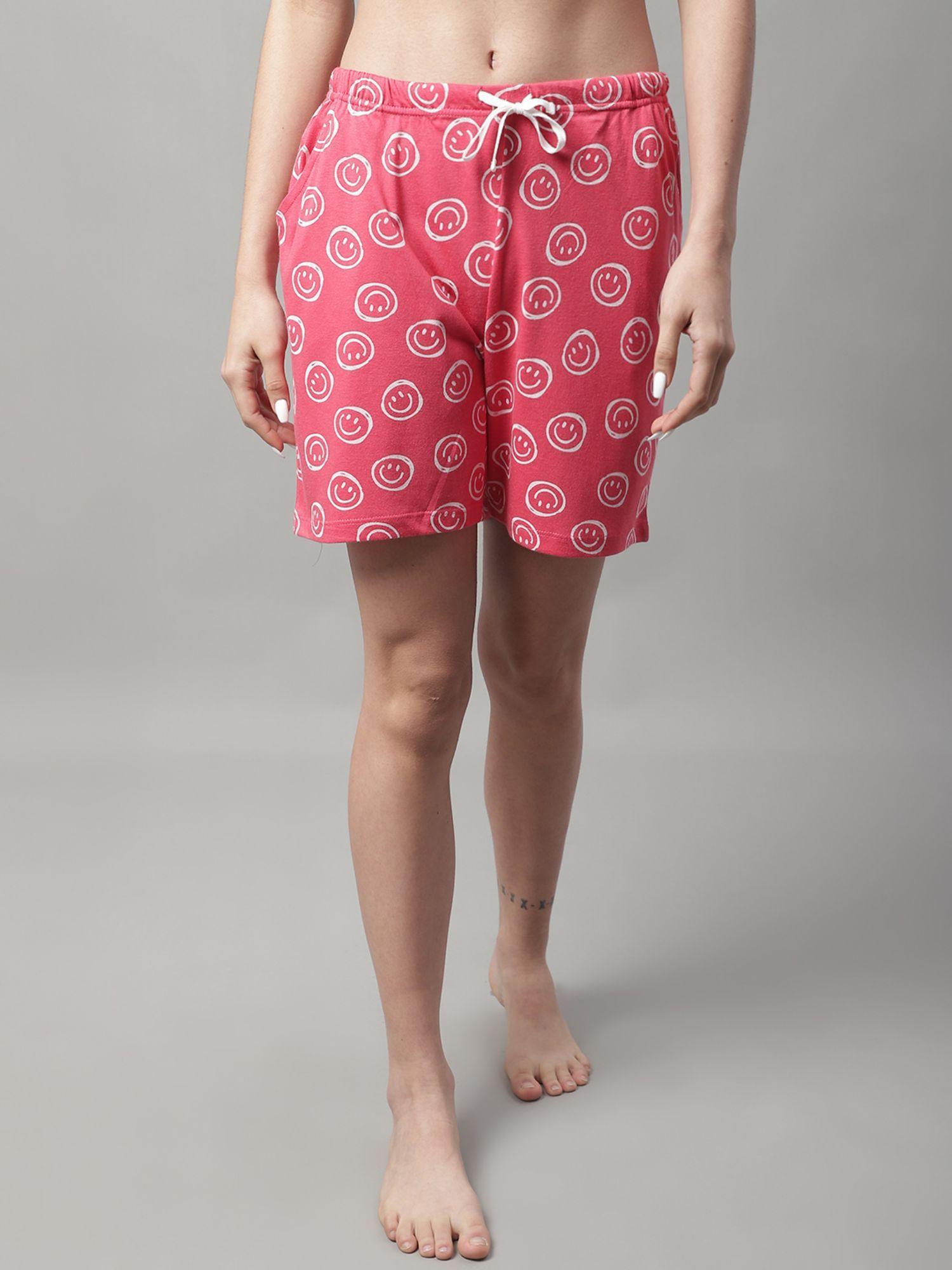 womens printed self design knitted shorts - pink