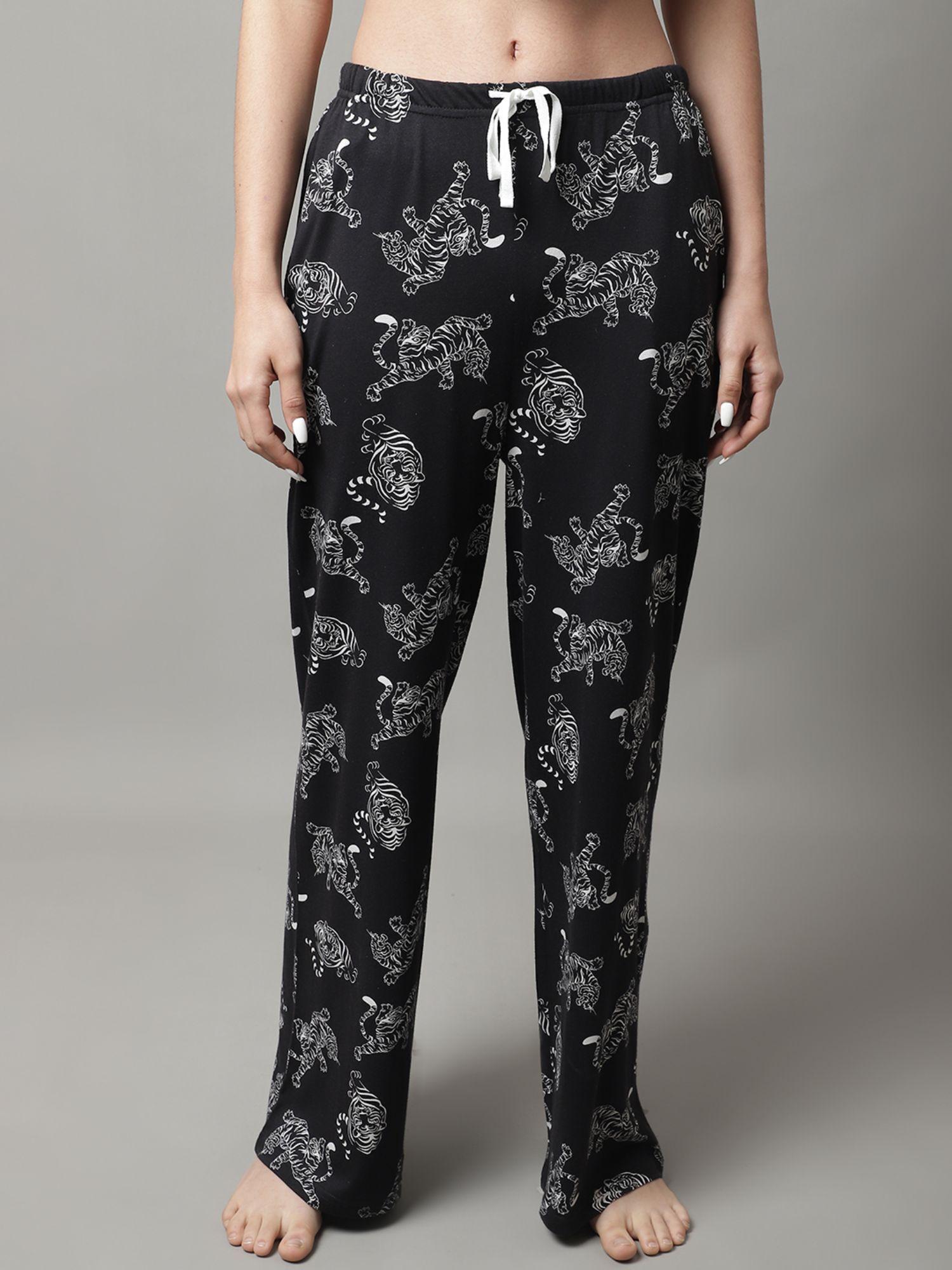 womens printed self design knitted straight fit pajamas - black