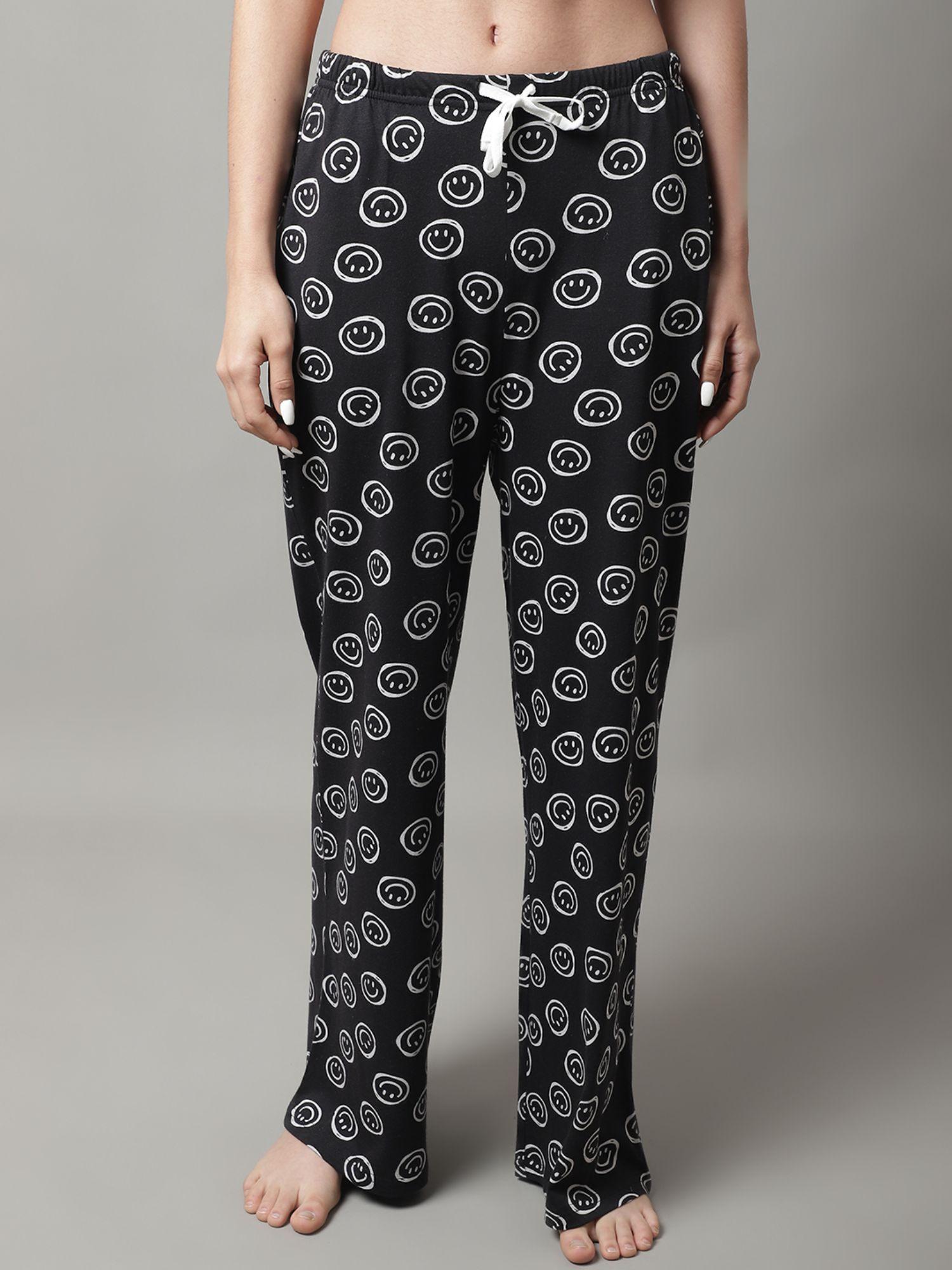 womens printed self design knitted straight fit pajamas - black