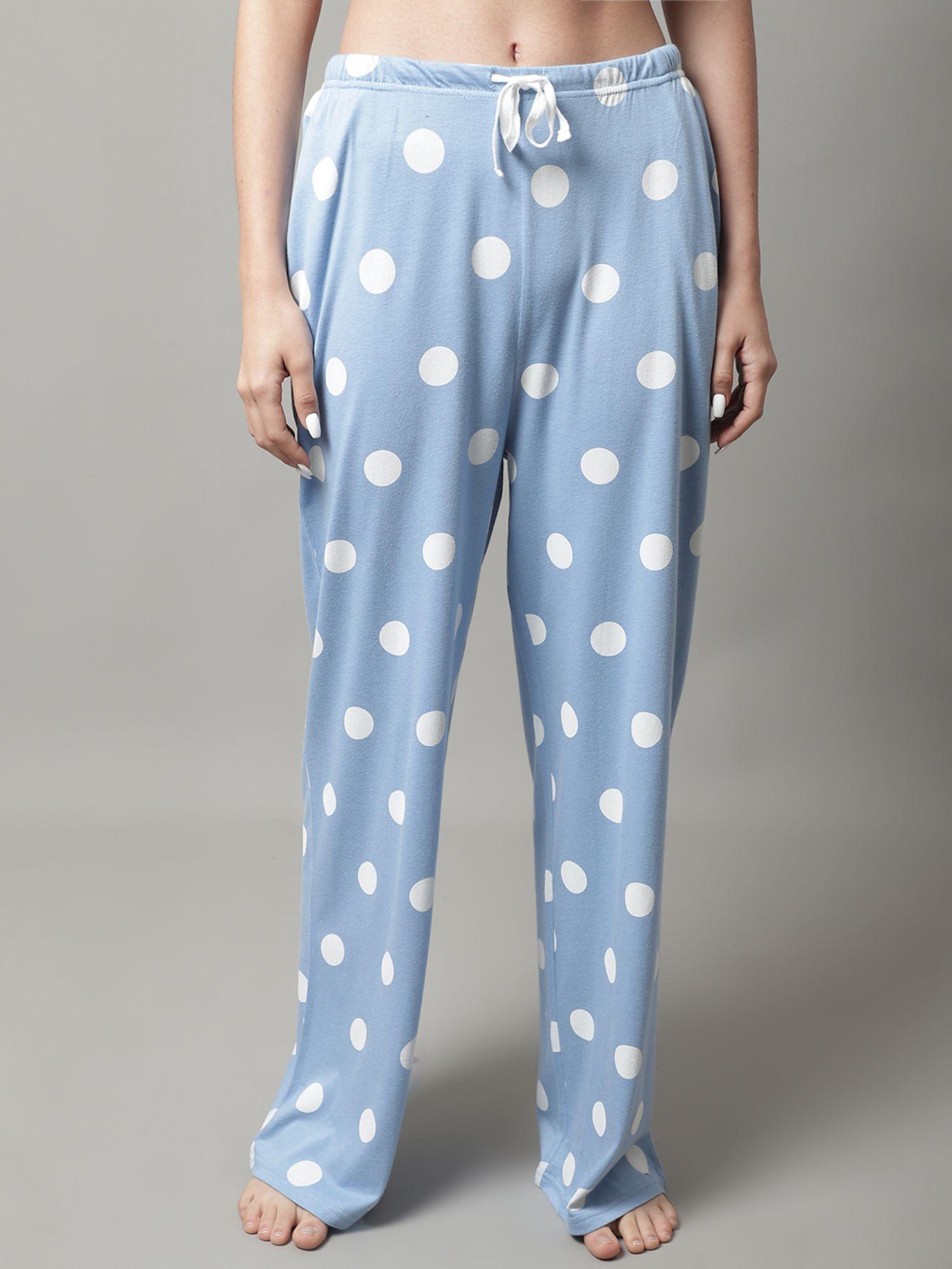 womens printed self design knitted straight fit pajamas - blue