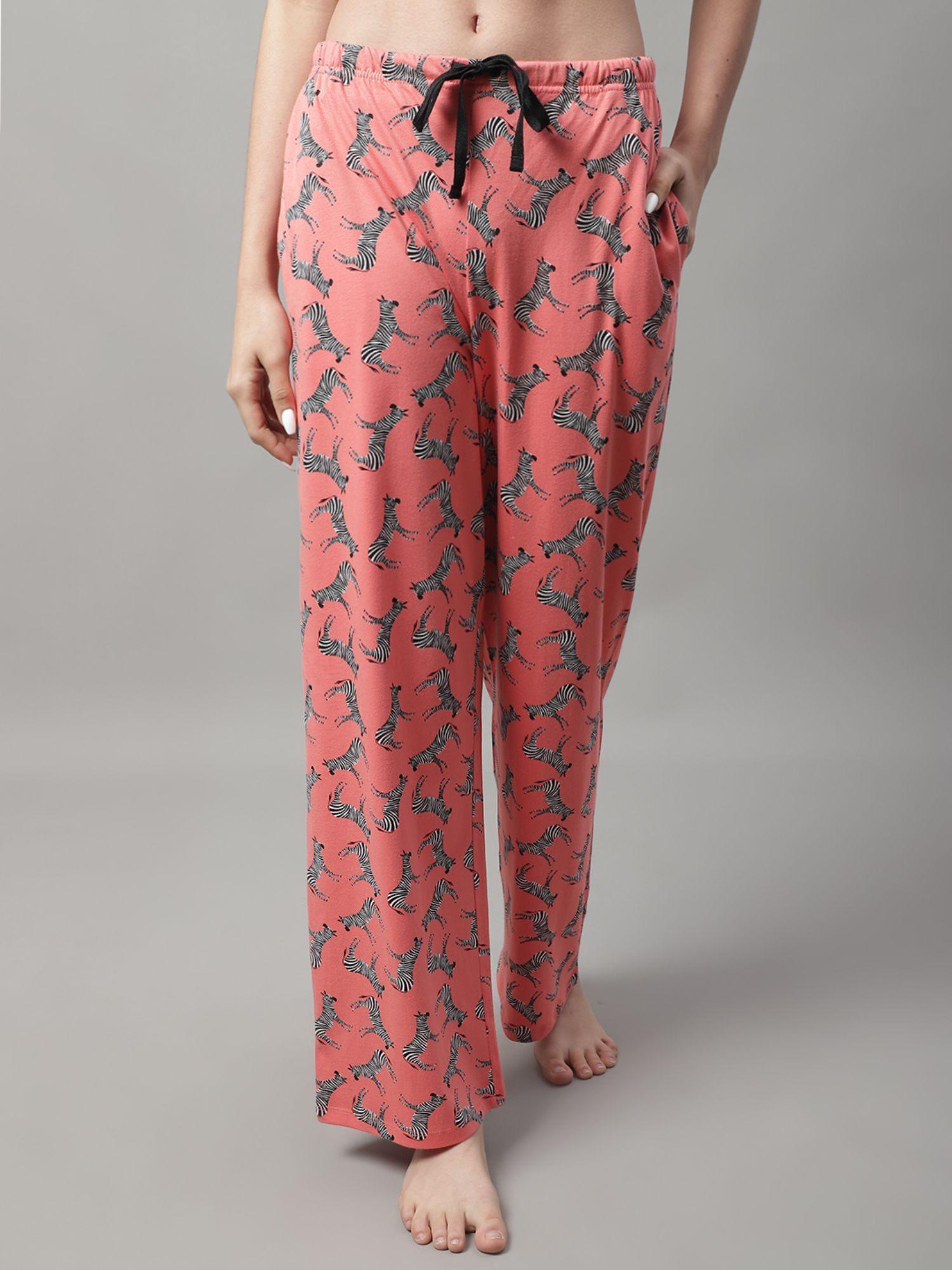 womens printed self design knitted straight fit pajamas - coral