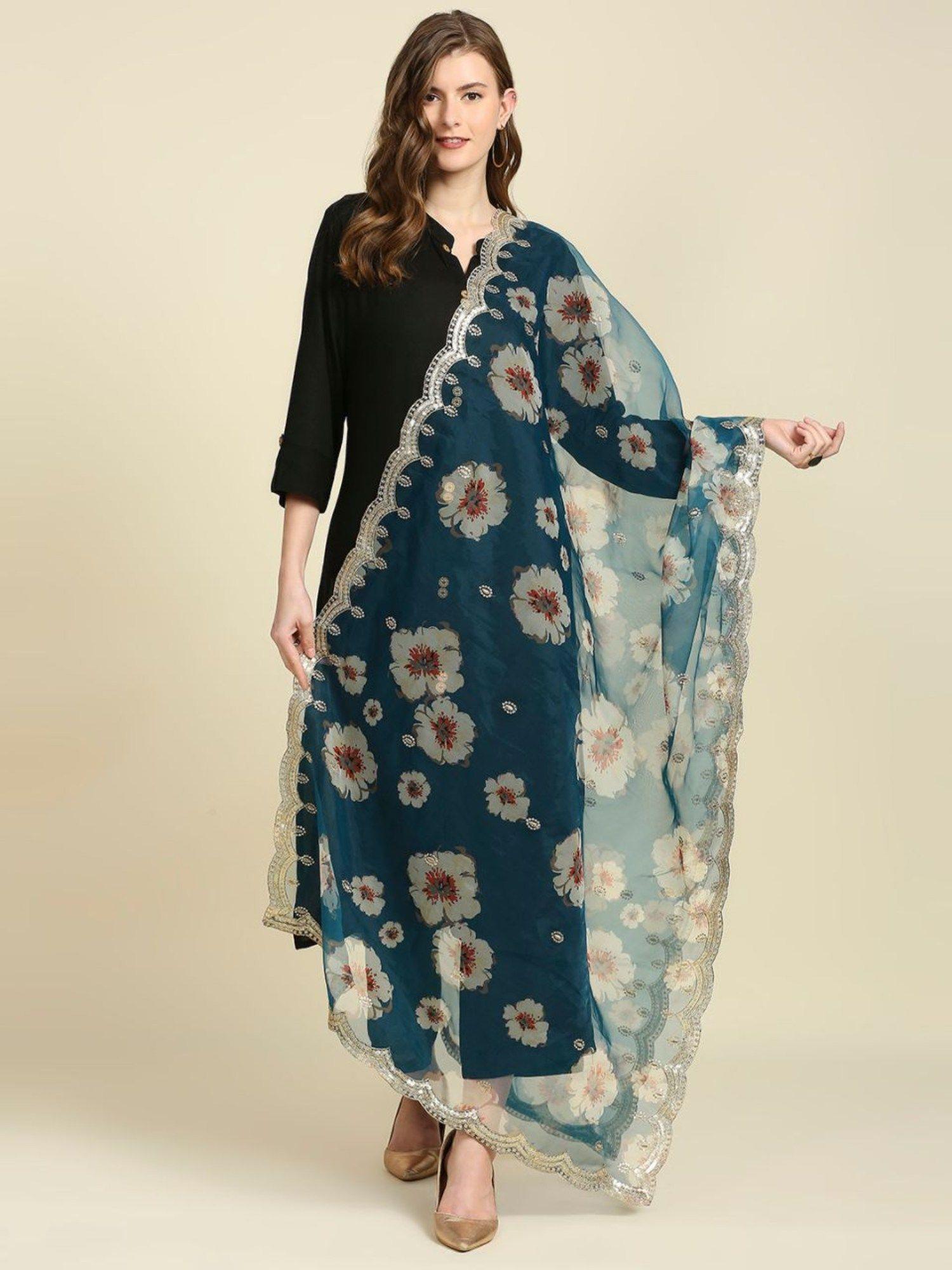 womens printed teal organza dupatta with embellished border