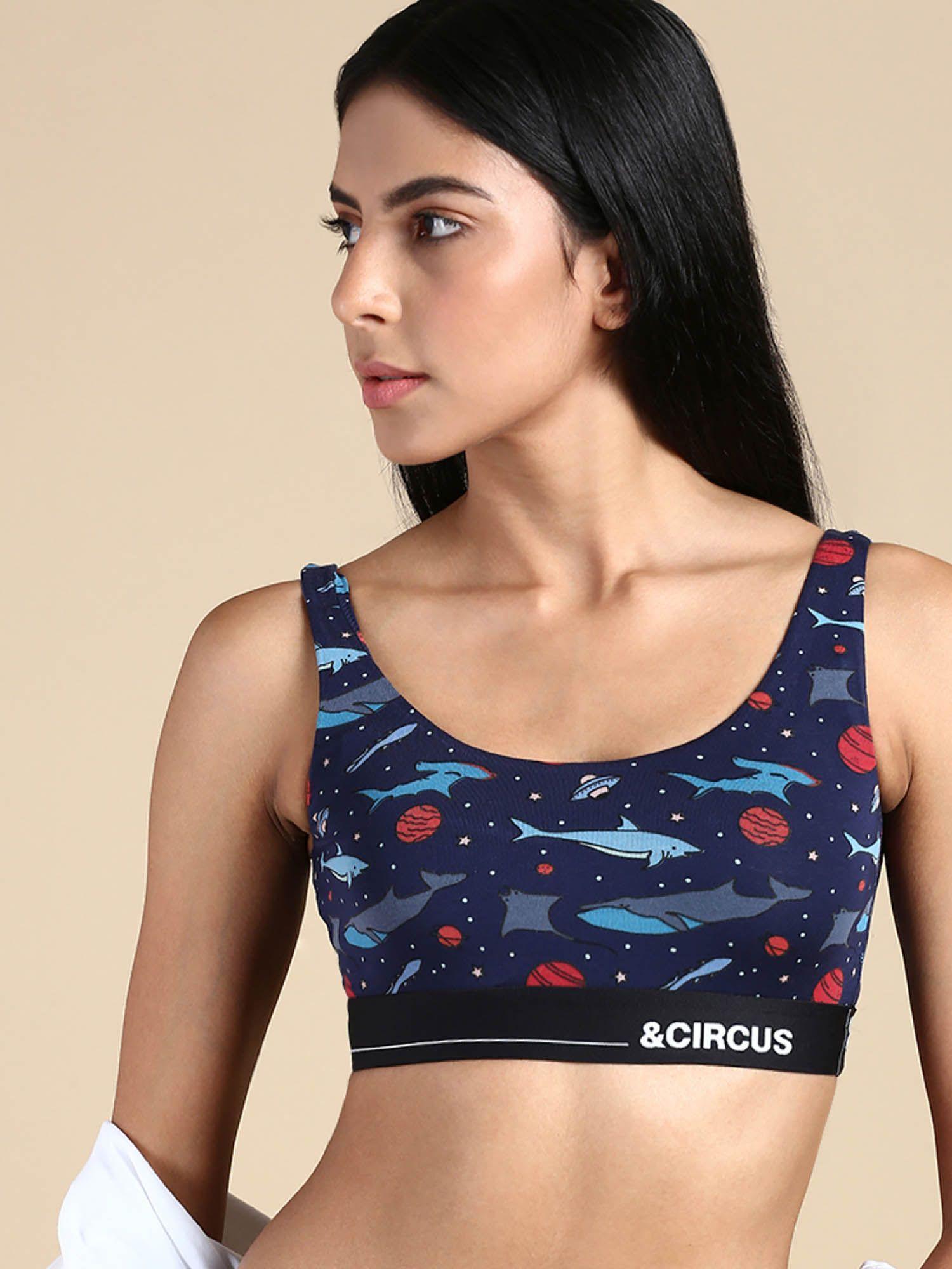 womens printed tencel modal micro u-back lounge bralette - navy blue