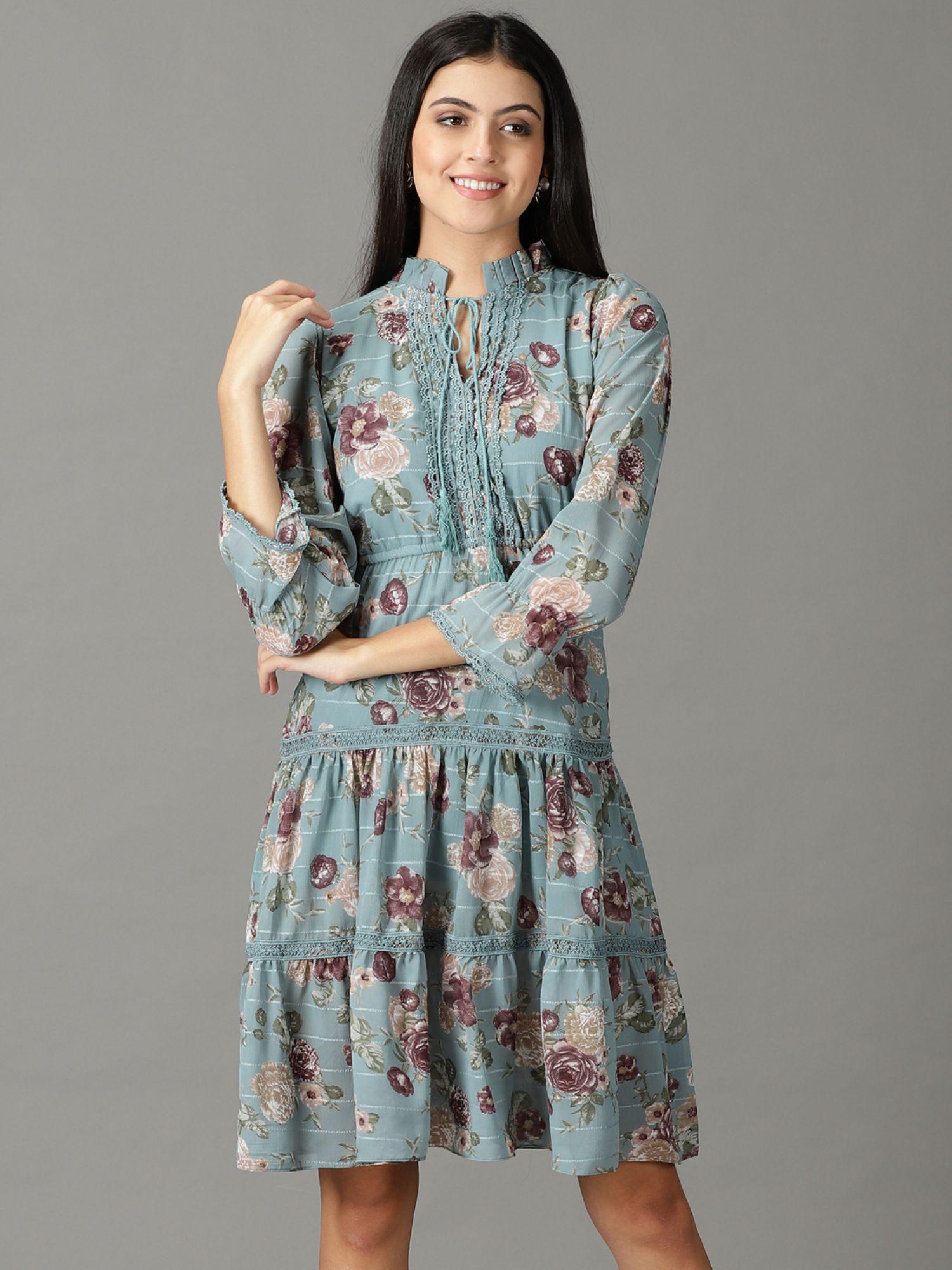 womens printed tie-up neck teal knee length dress