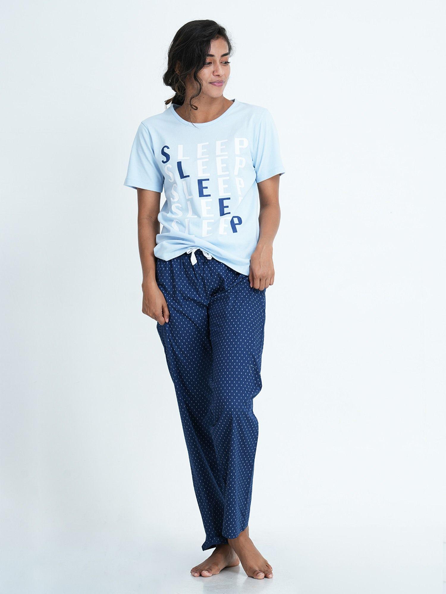 womens printed tshirt & pyjama set-blue