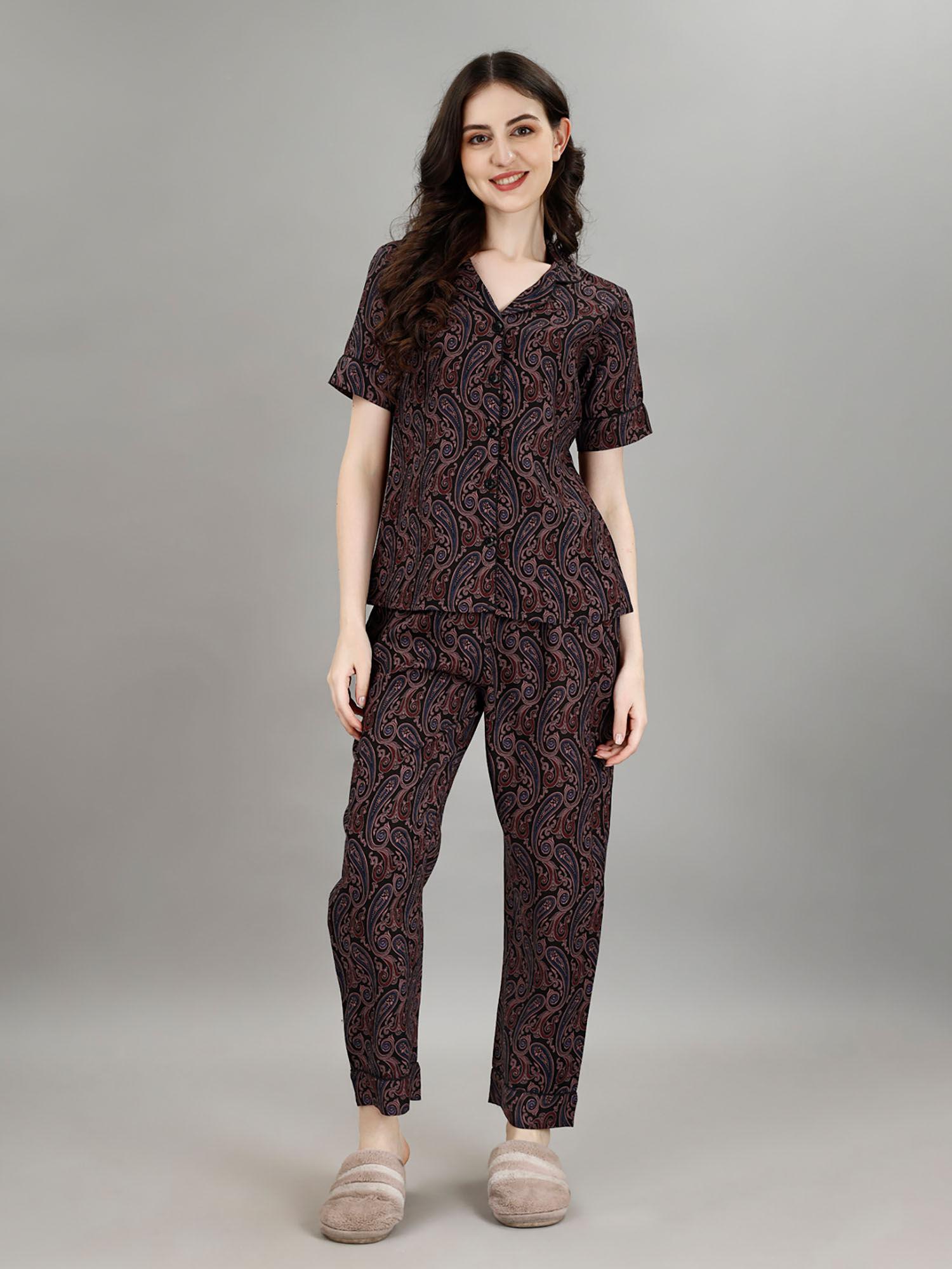 womens pure black color paisley printed shirt & pyjamas night suit. (set of 2)