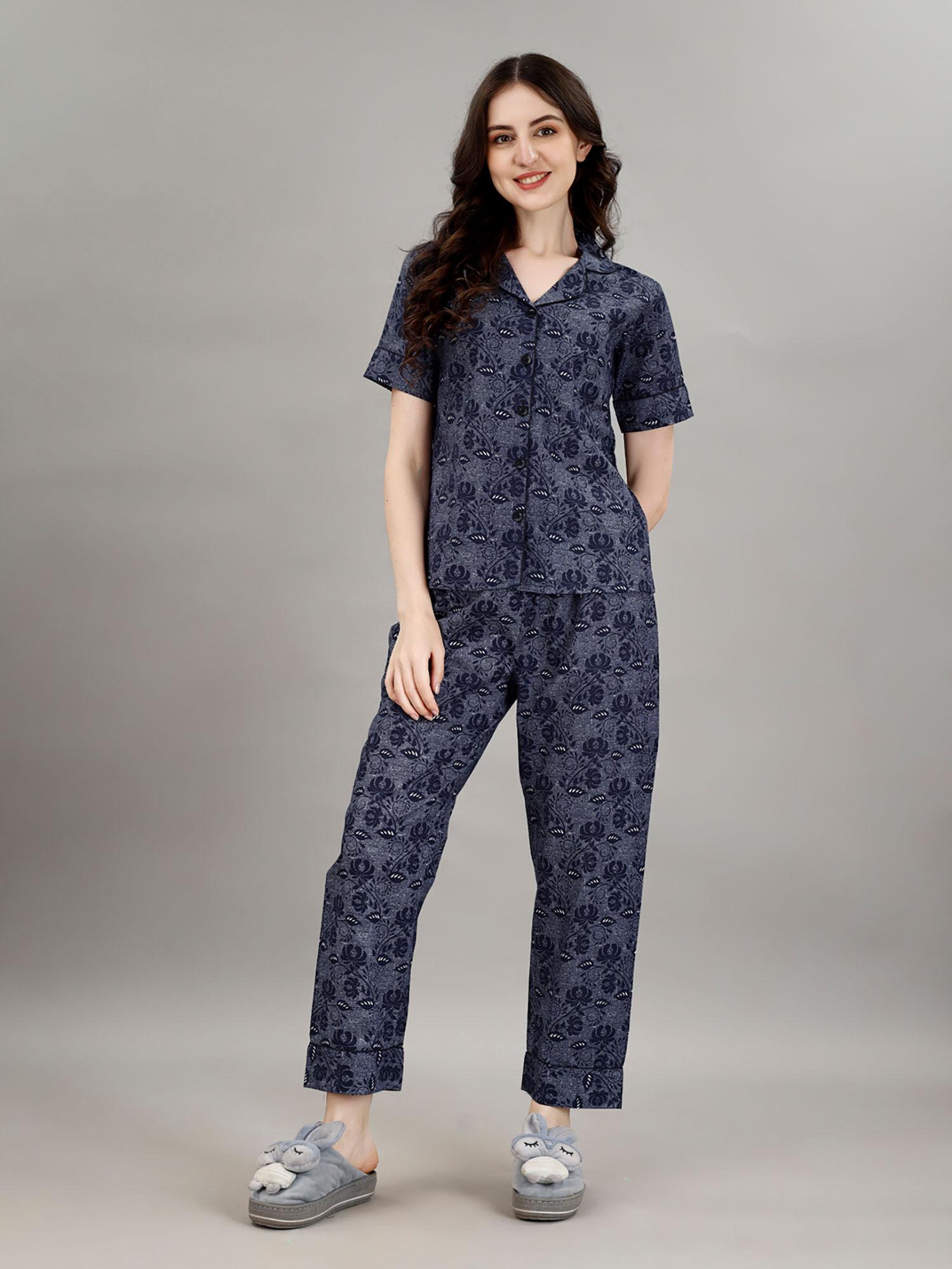 womens pure blue color floral printed shirt & pyjamas night suit. (set of 2)