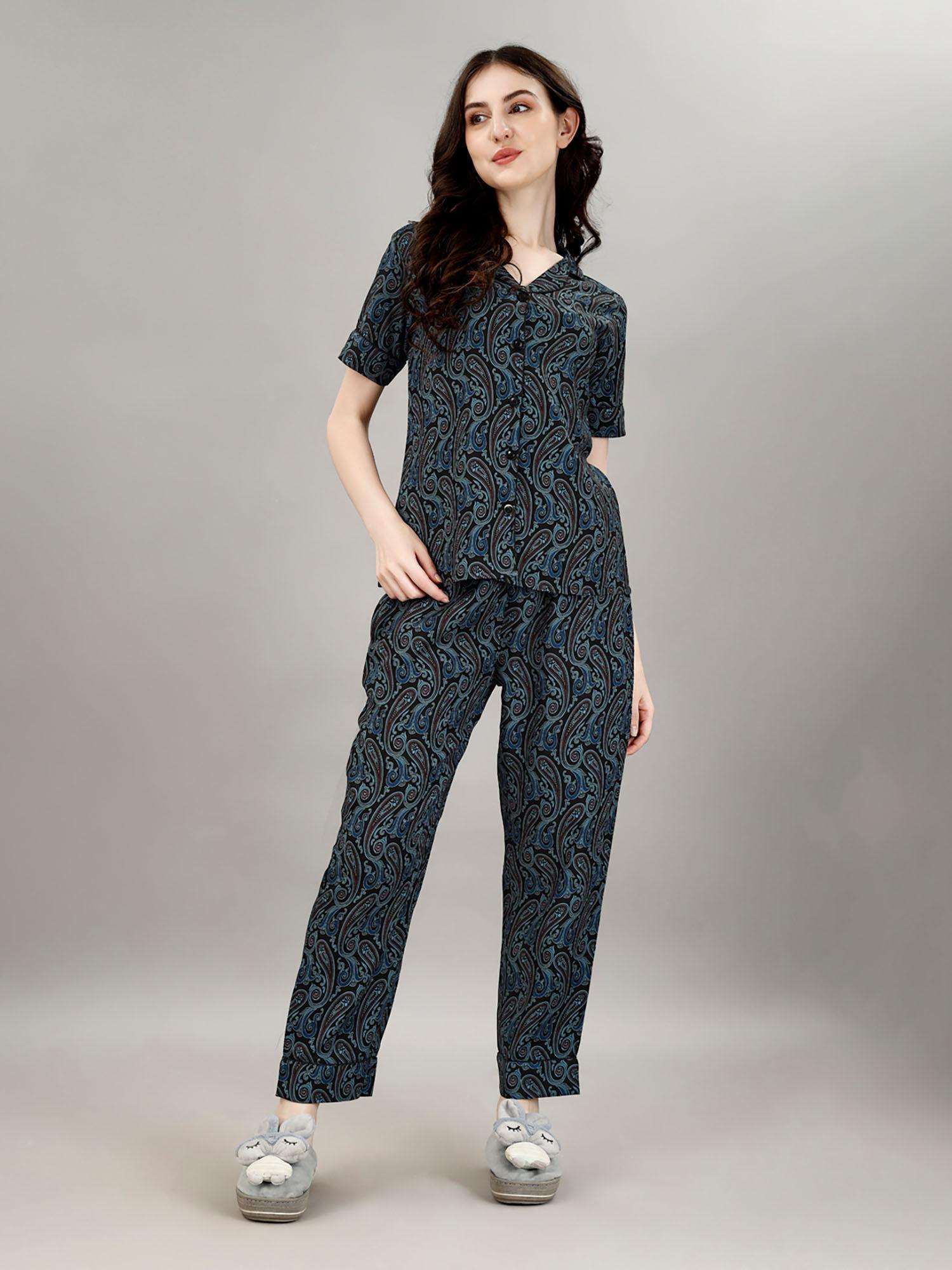 womens pure blue color paisley printed shirt & pyjamas night suit. (set of 2)