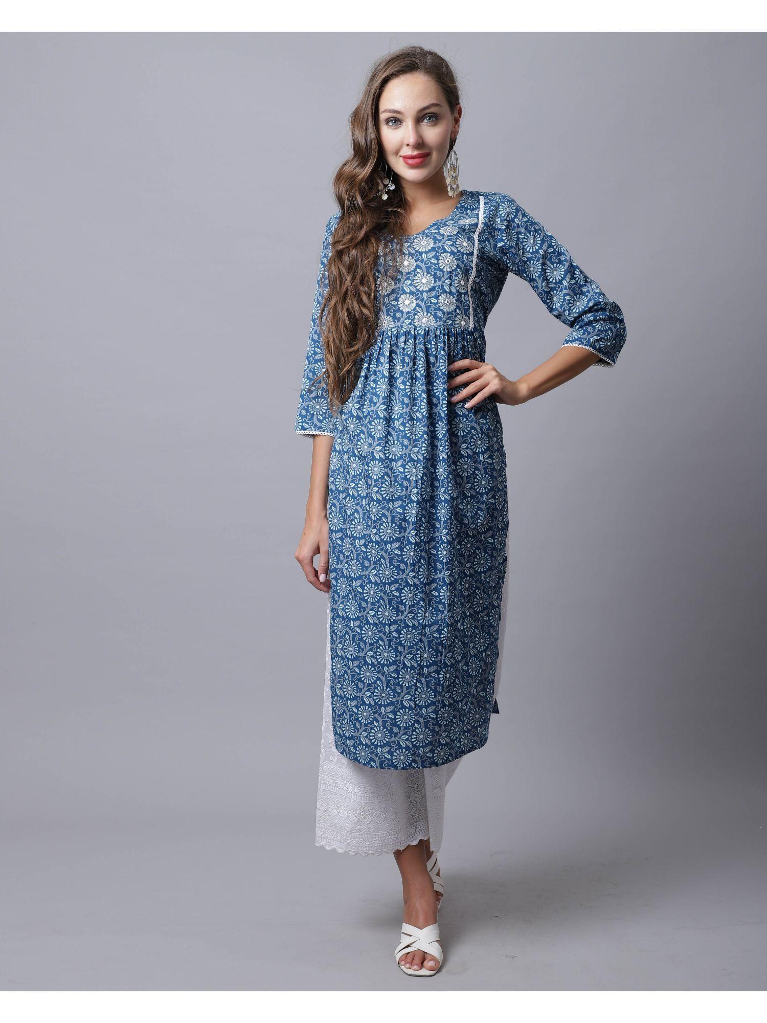 womens pure cambric cotton jaipuri printed and embroidered kurti