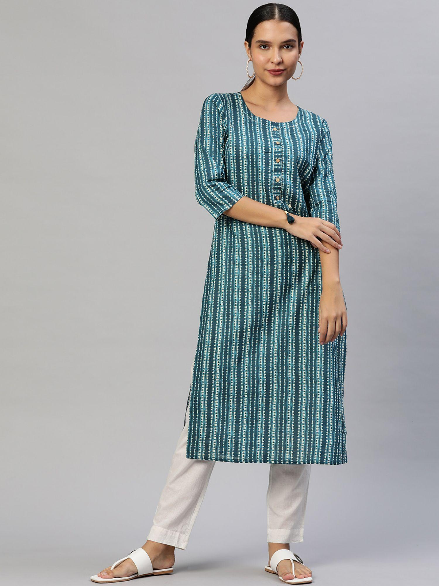 womens pure cotton bandhani print straight kurta - light blue