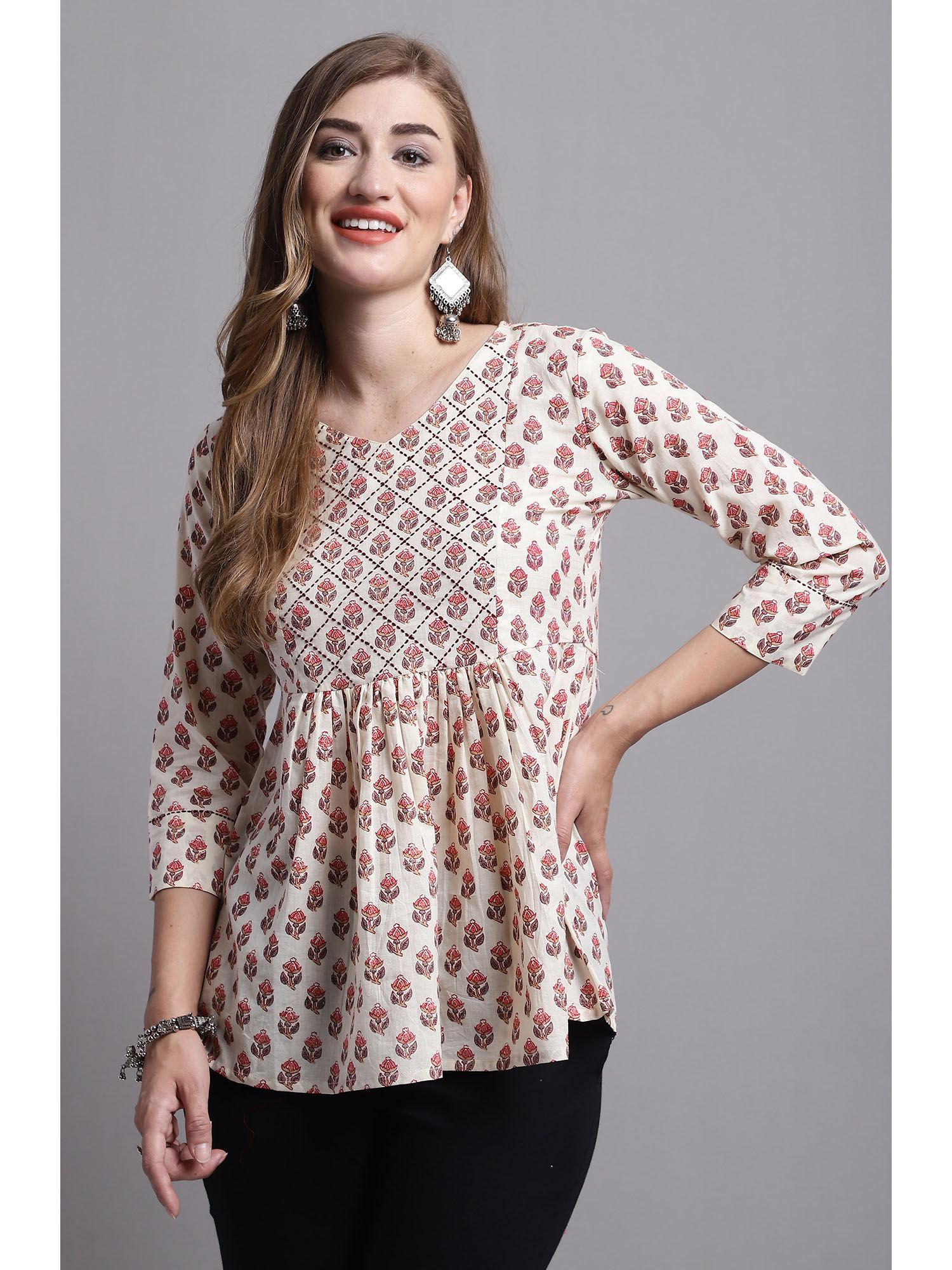 womens pure cotton beige jaipuri printed top