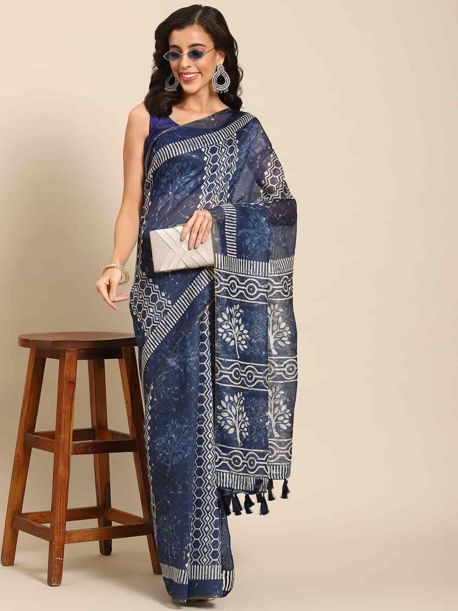 womens pure cotton blue block print saree with unstitched blouse