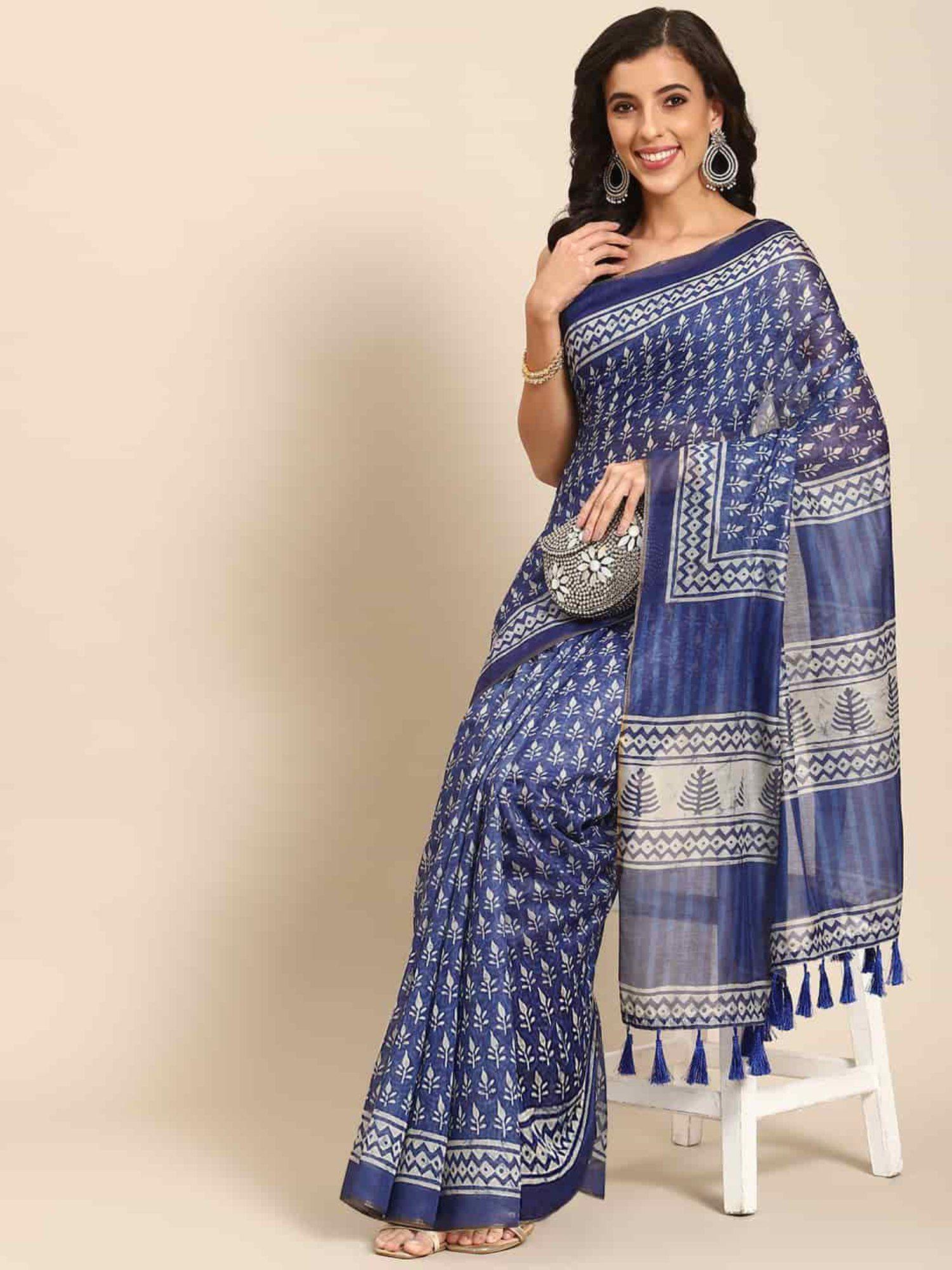 womens pure cotton blue block print saree with unstitched blouse