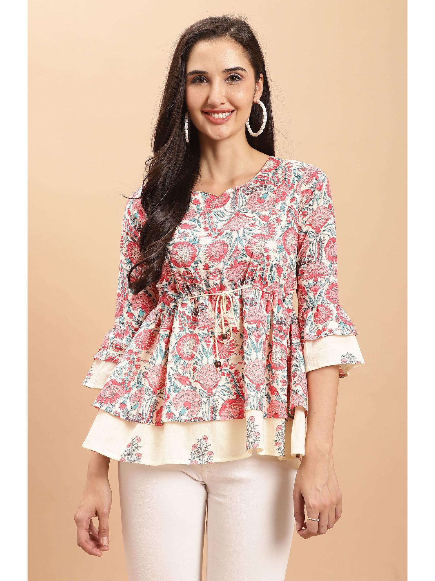 womens pure cotton cream jaipuri printed top