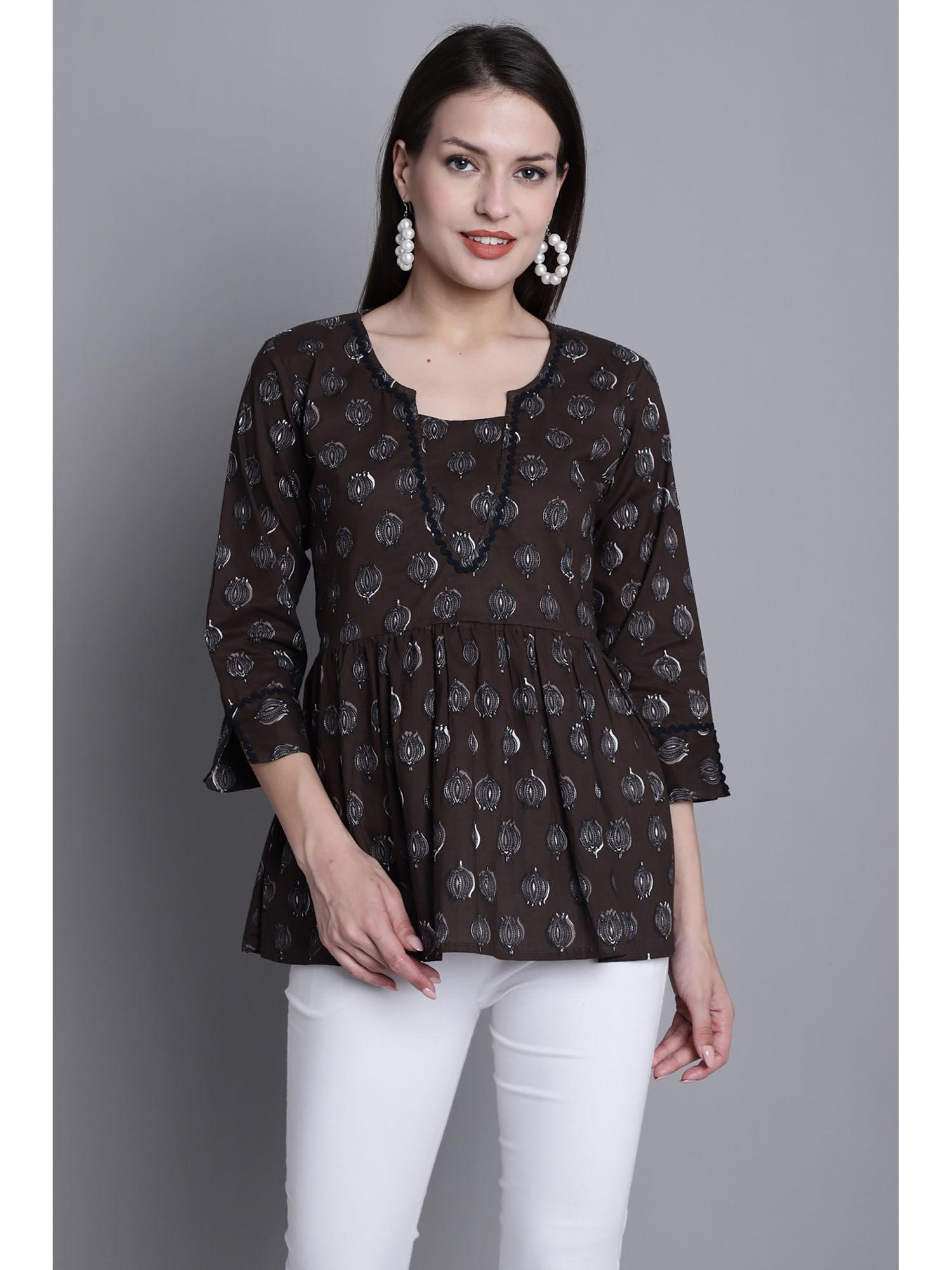 womens pure cotton dark brown jaipuri printed top