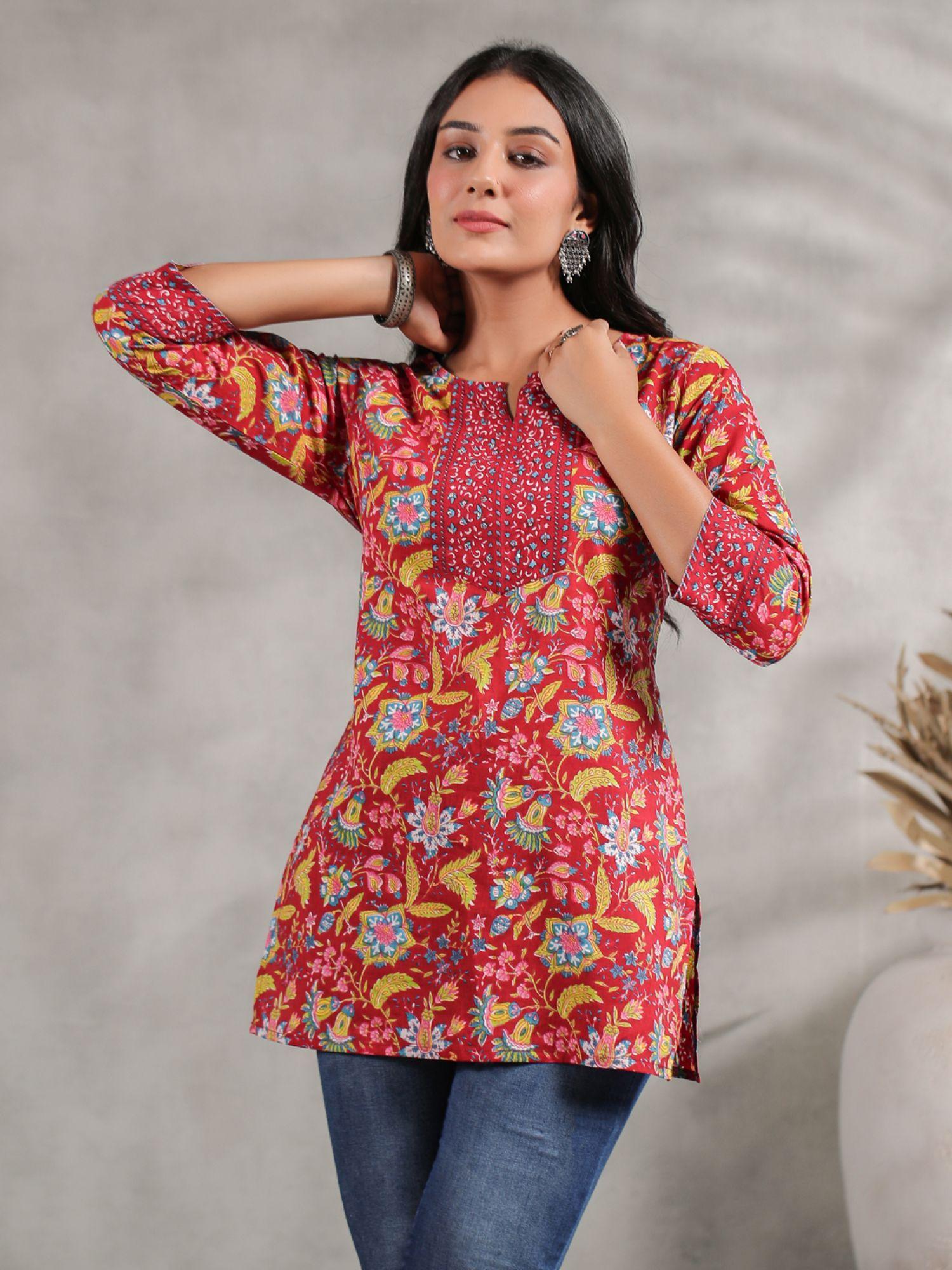 womens pure cotton floral printed red straight kurti