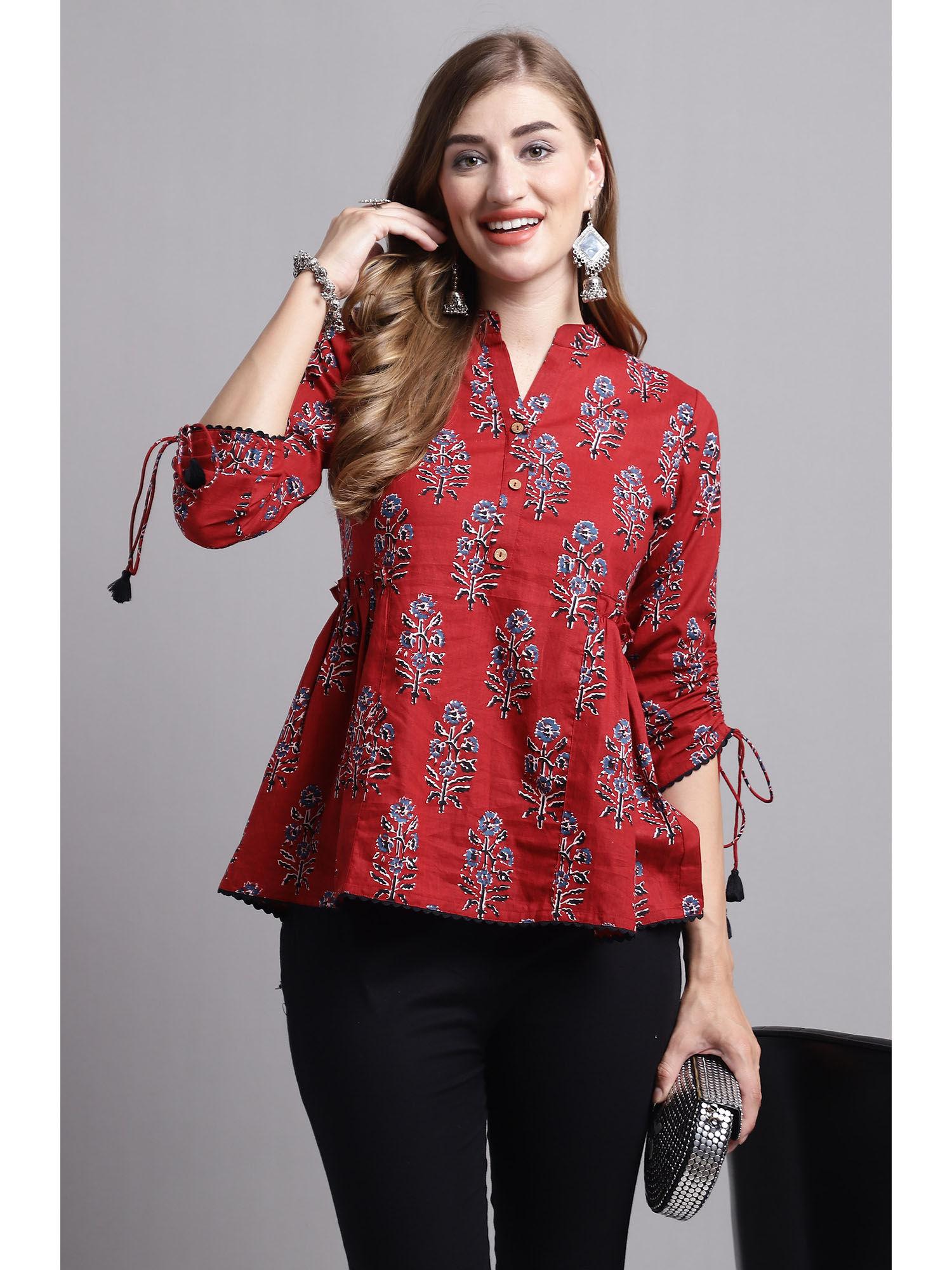 womens pure cotton maroon jaipuri printed top