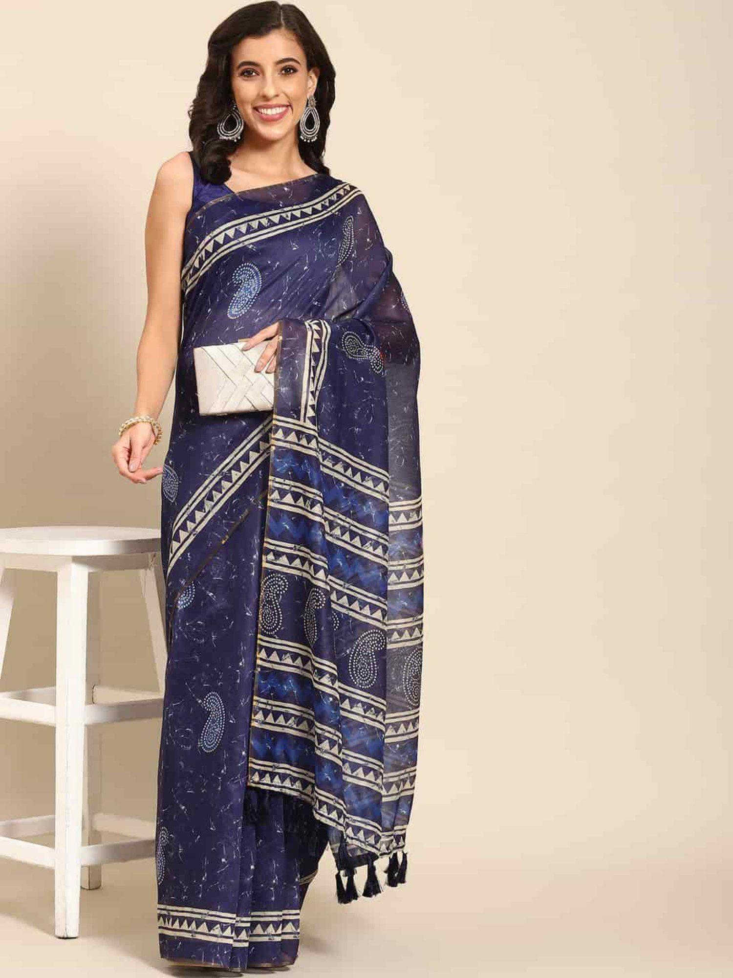 womens pure cotton navy blue block print saree with unstitched blouse