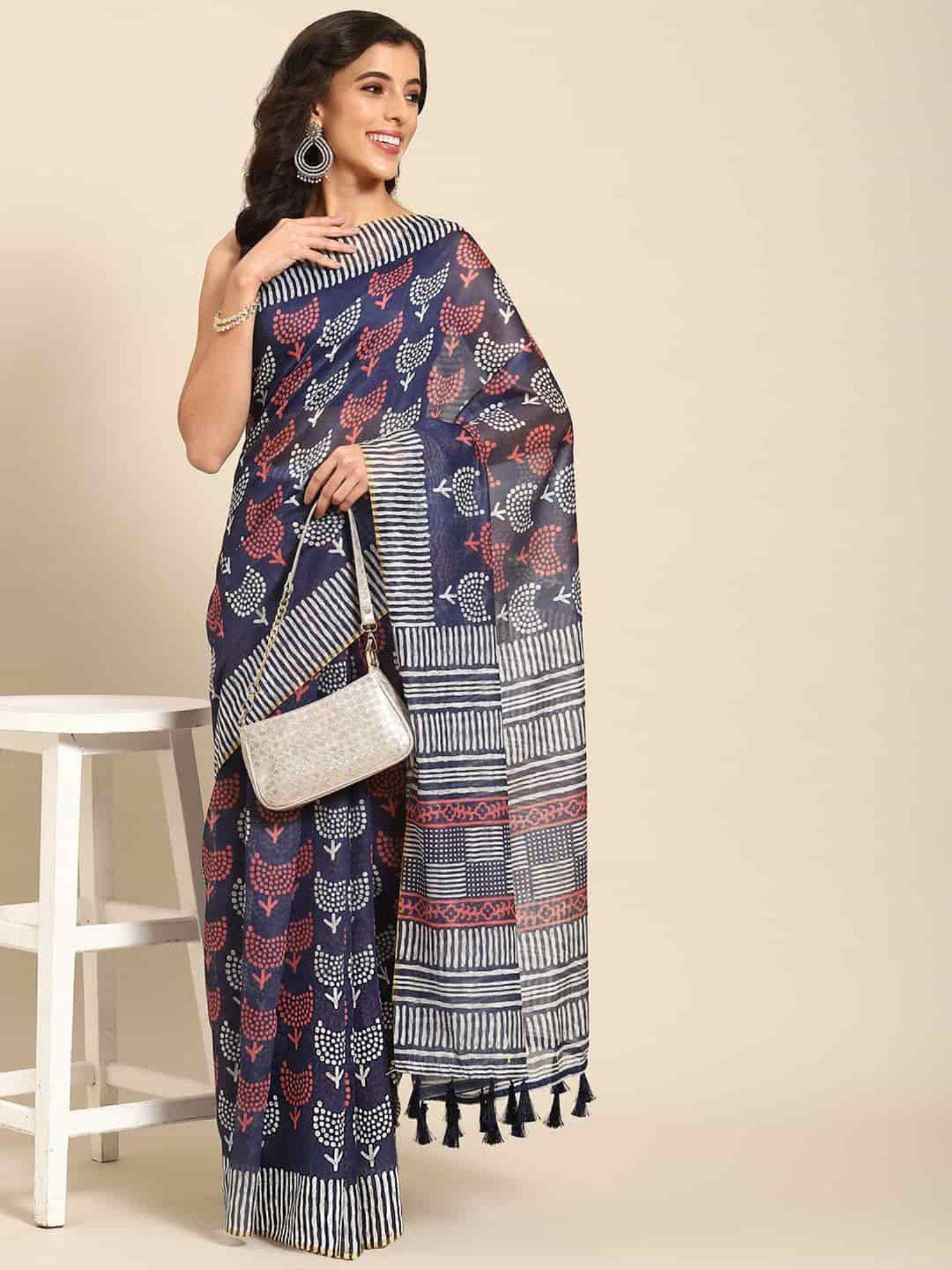 womens pure cotton navy blue block print saree with unstitched blouse