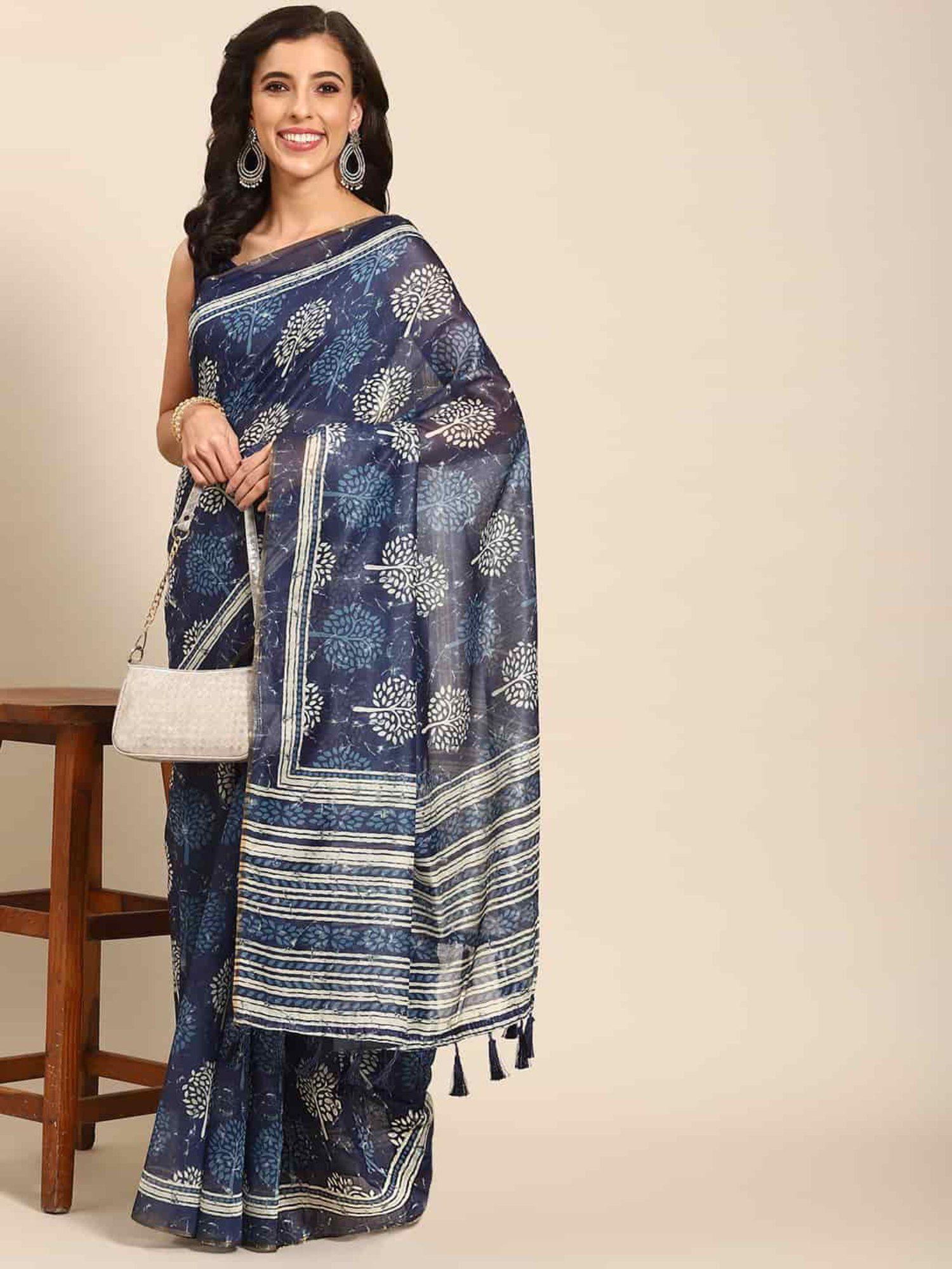 womens pure cotton navy blue block print saree with unstitched blouse