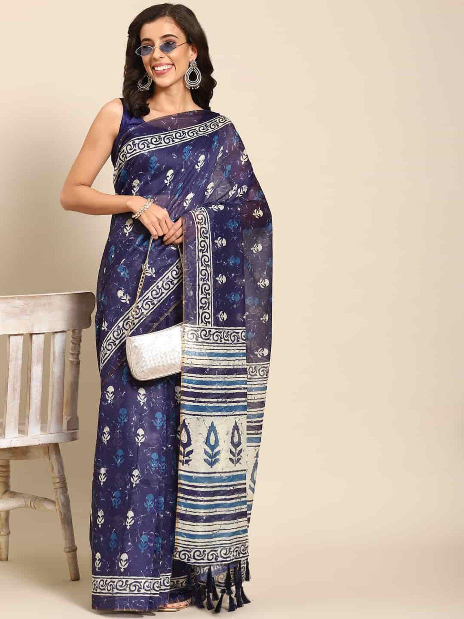 womens pure cotton navy blue block print saree with unstitched blouse