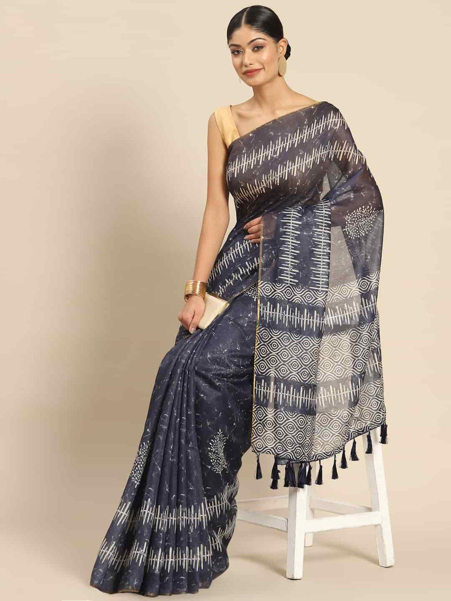 womens pure cotton navy blue block print saree with unstitched blouse