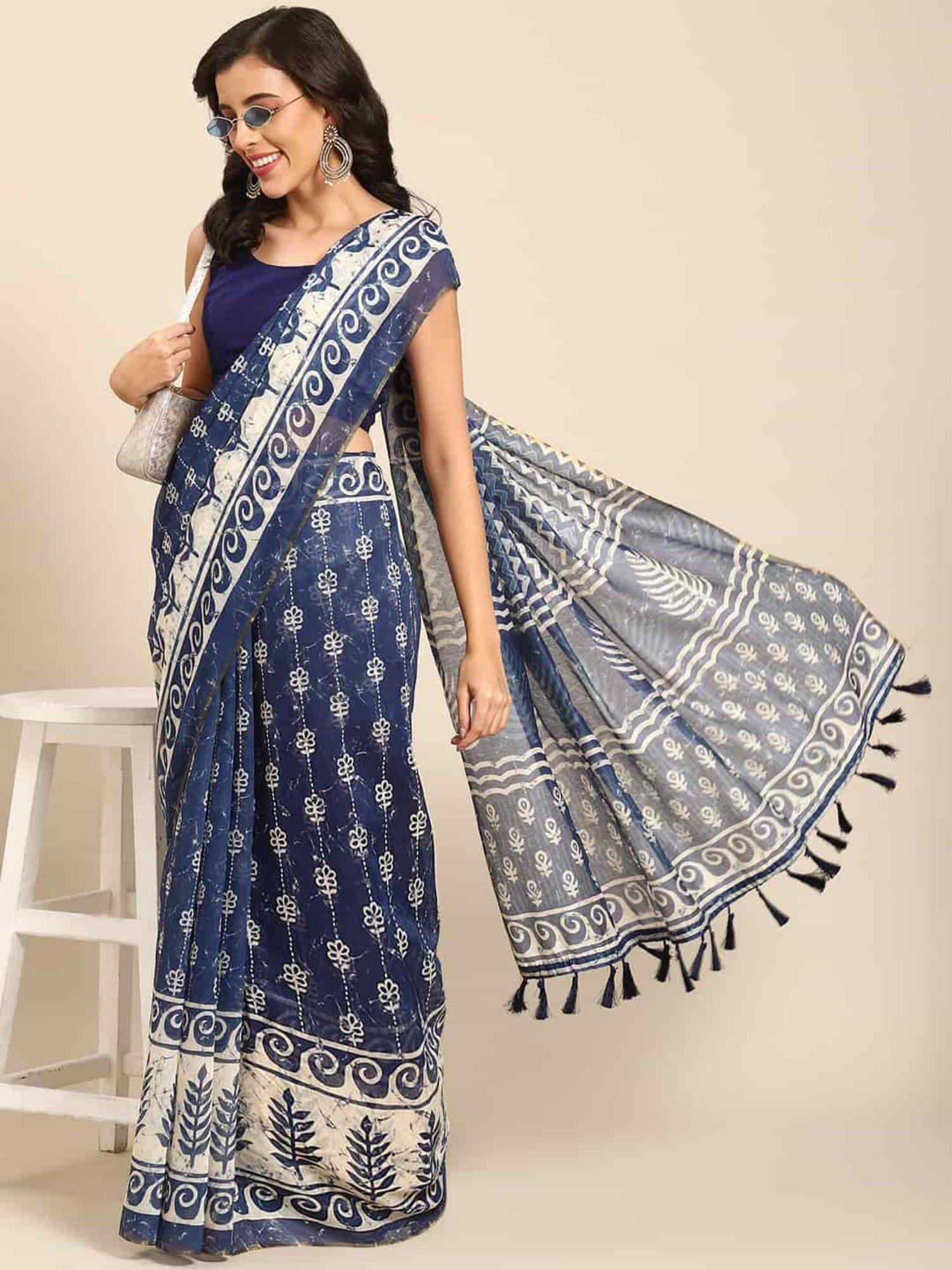 womens pure cotton navy blue block print saree with unstitched blouse