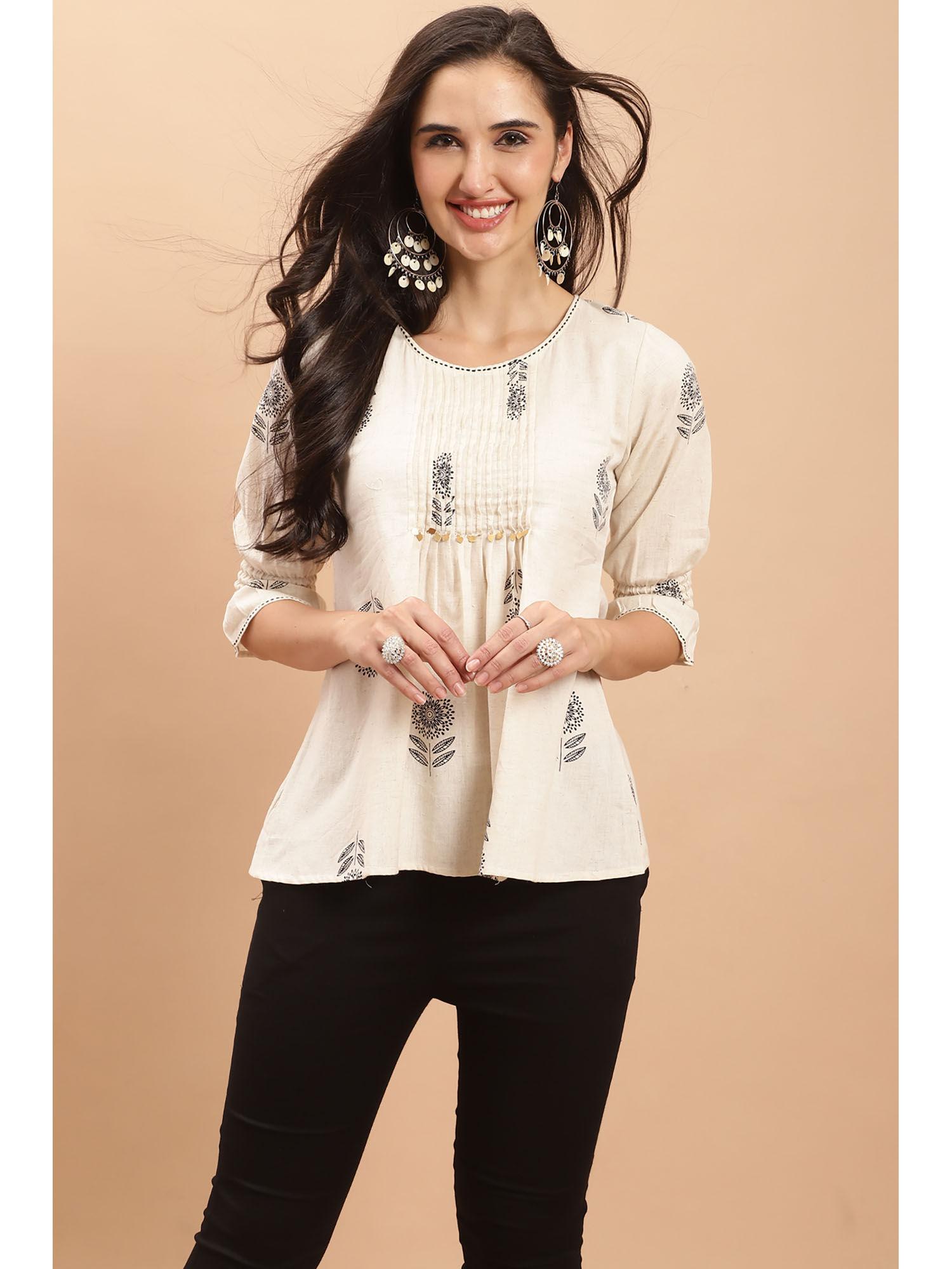 womens pure cotton off white jaipuri printed top