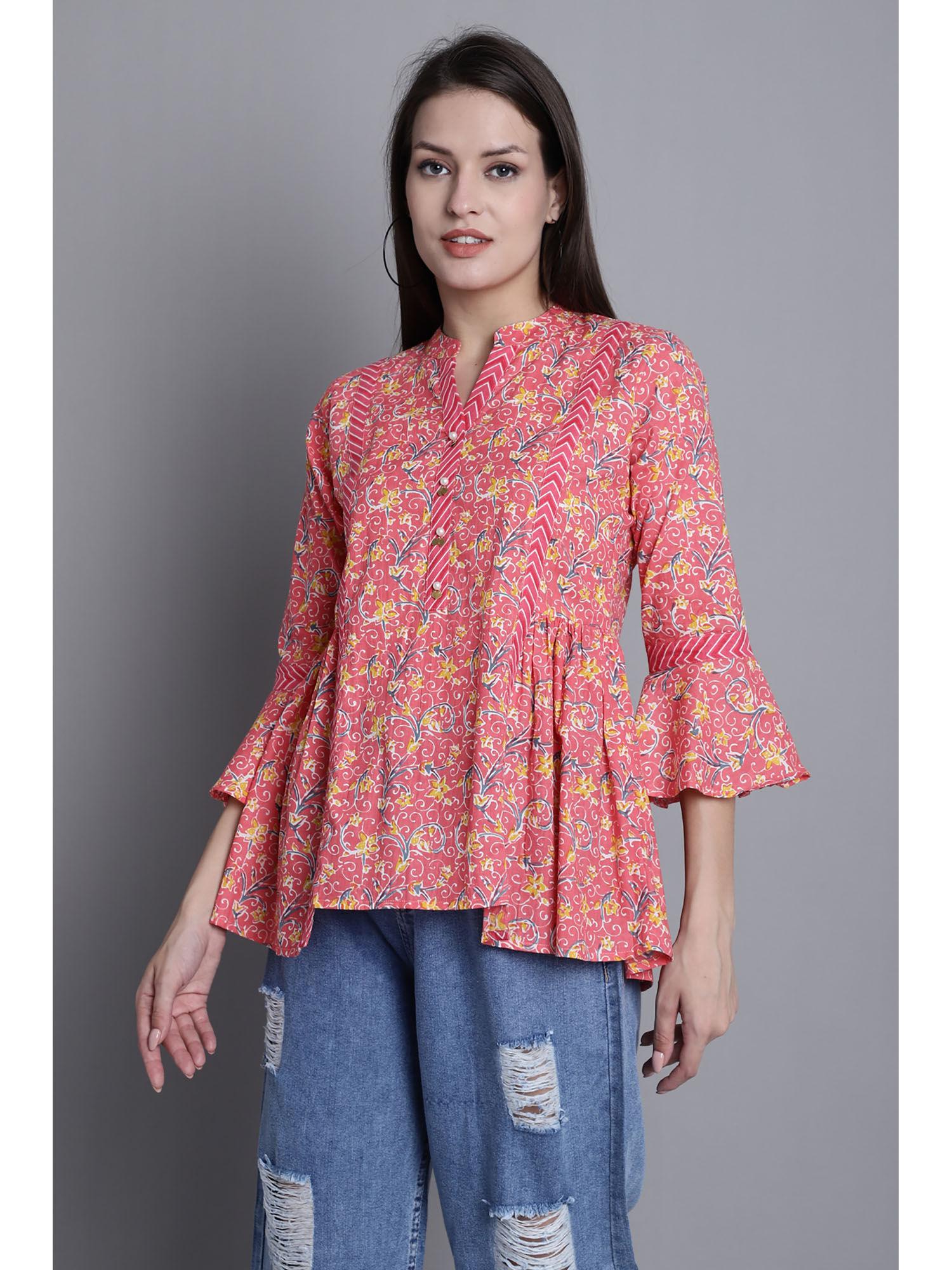 womens pure cotton peach jaipuri printed top