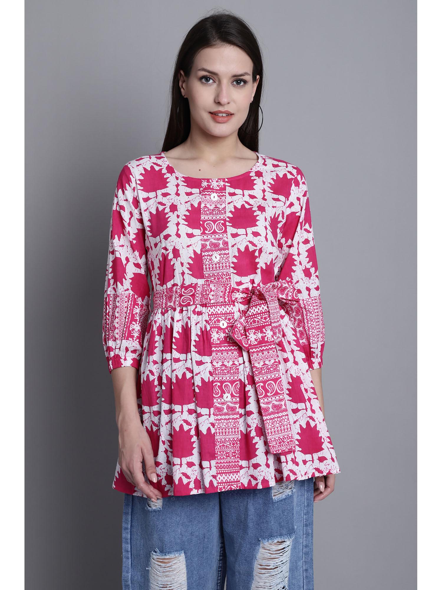 womens pure cotton pink & white jaipuri printed top