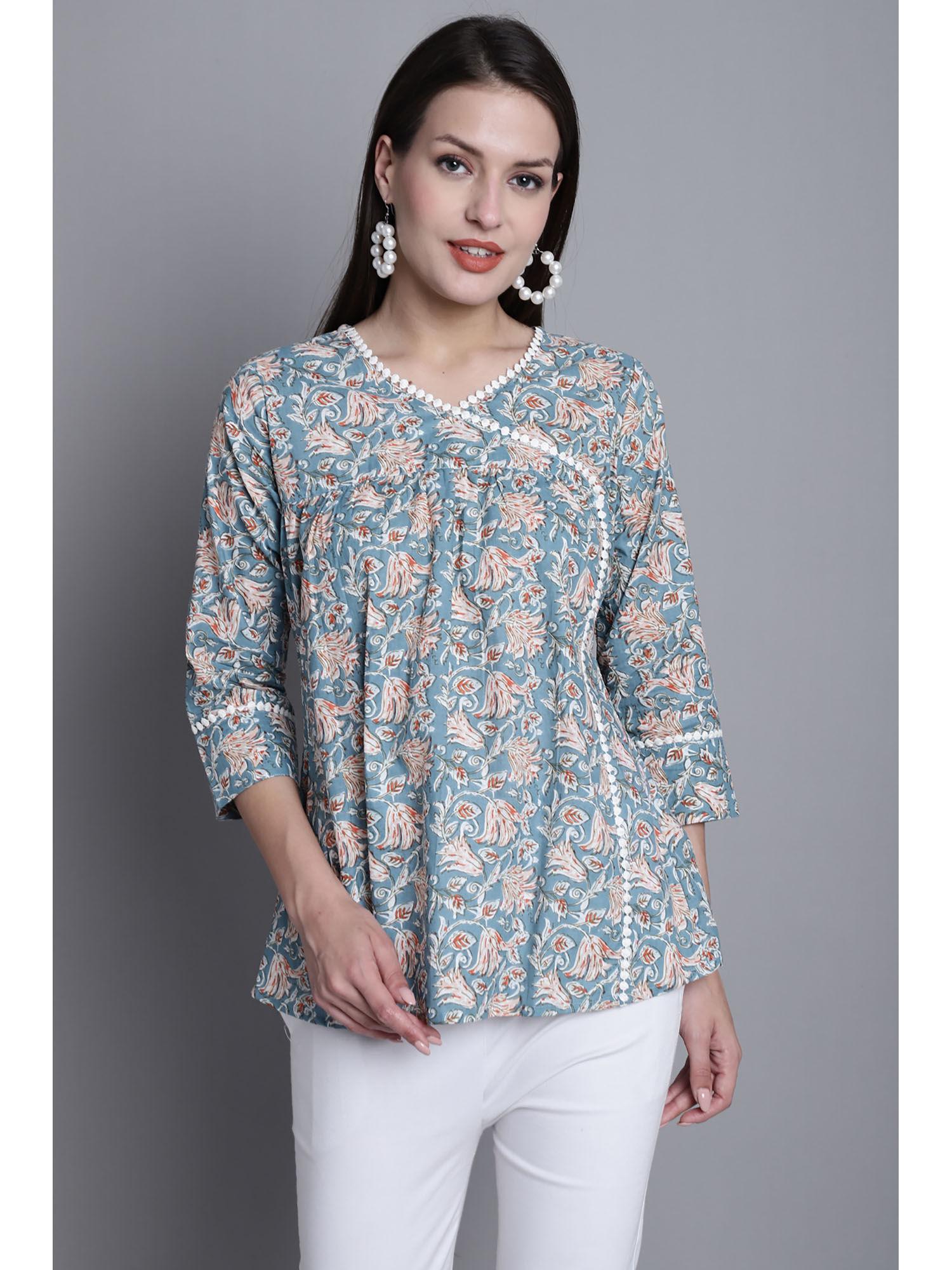 womens pure cotton sea blue jaipuri printed top