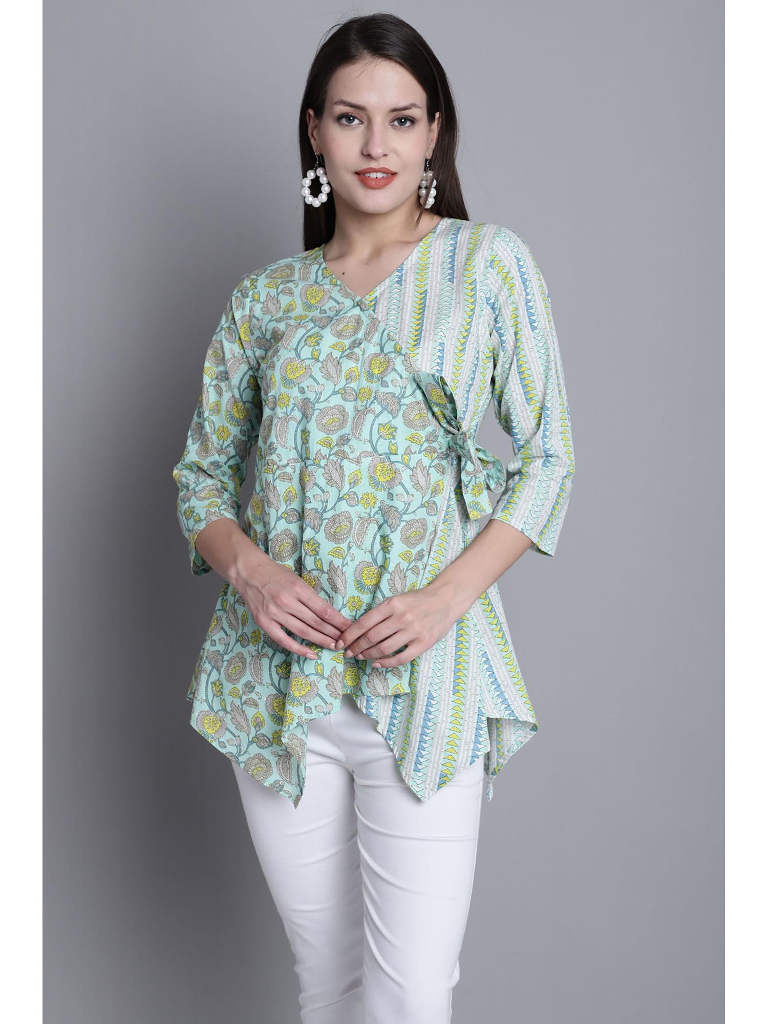 womens pure cotton sea green jaipuri printed top