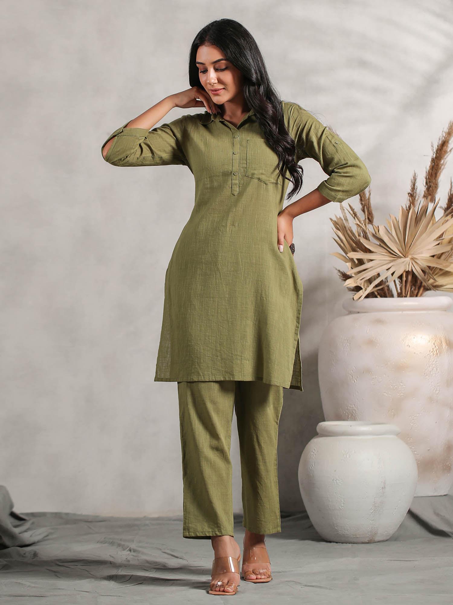 womens pure cotton solid tunic with trouser (set of 2)