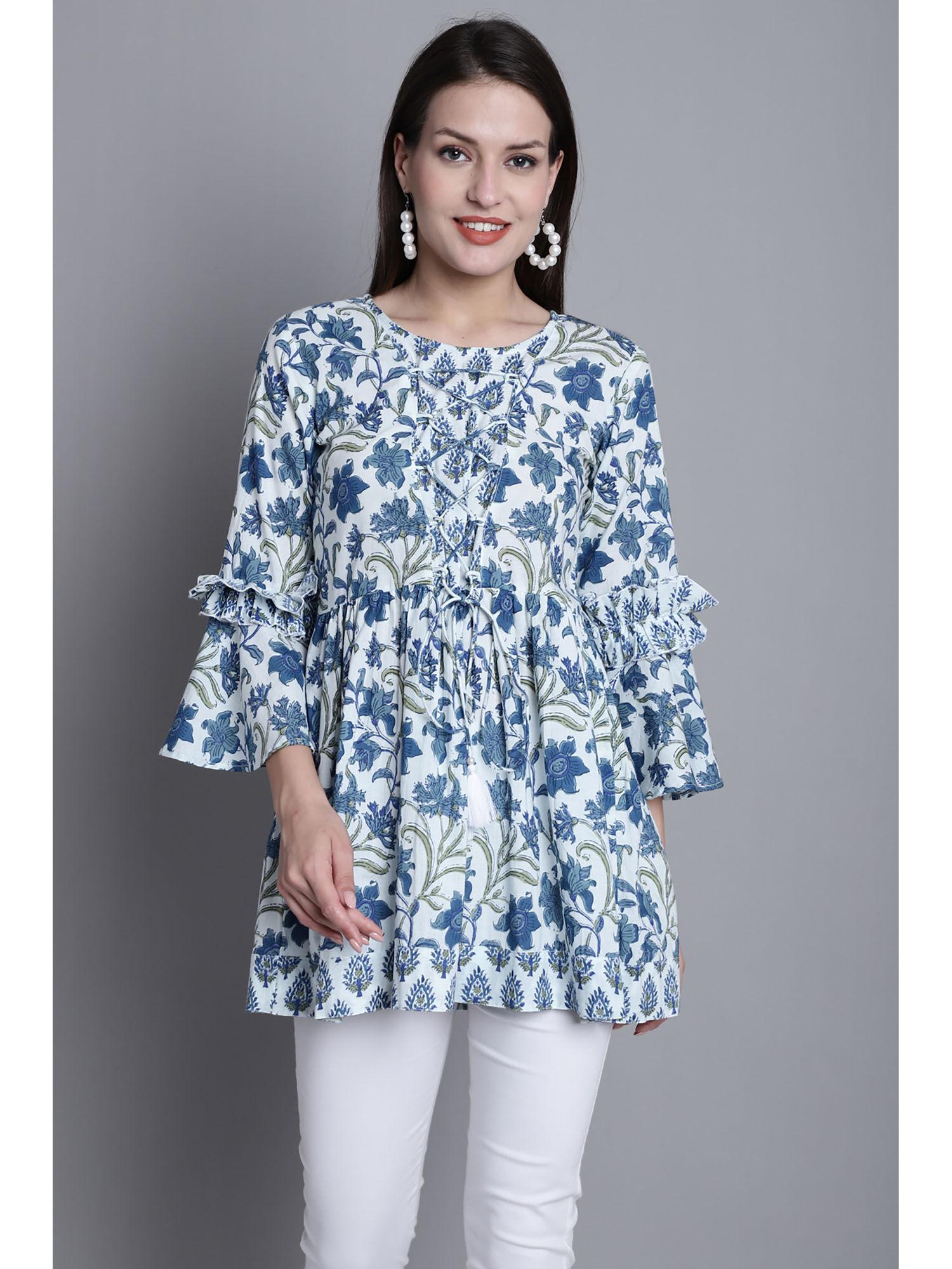 womens pure cotton white & blue jaipuri printed top