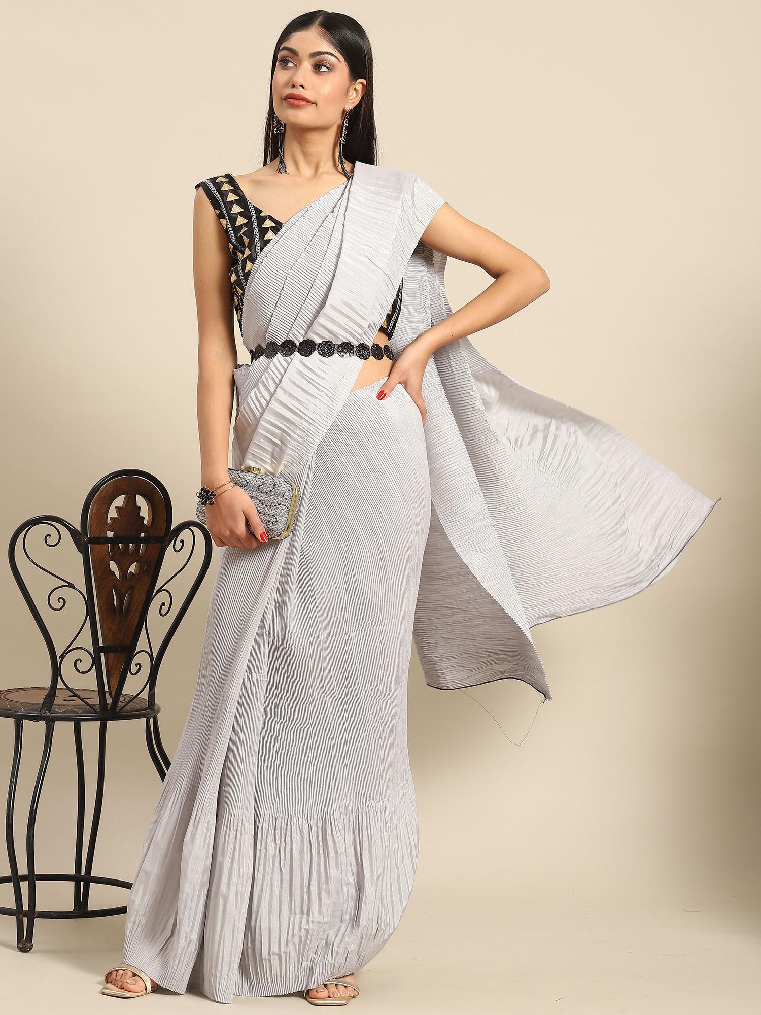 womens pure crepe grey solid saree with unstitched blouse