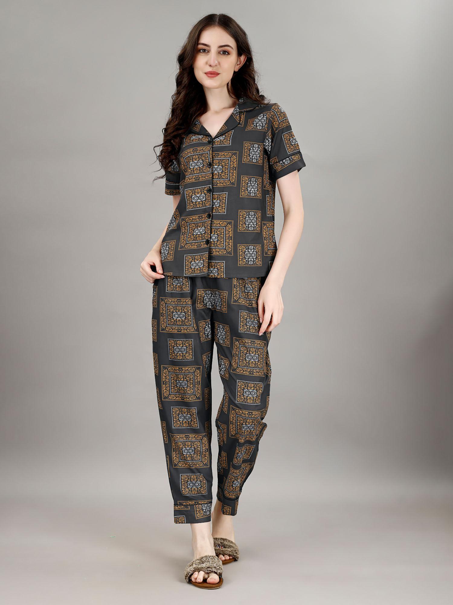 womens pure grey color aztec printed shirt & pyjamas night suit. (set of 2)