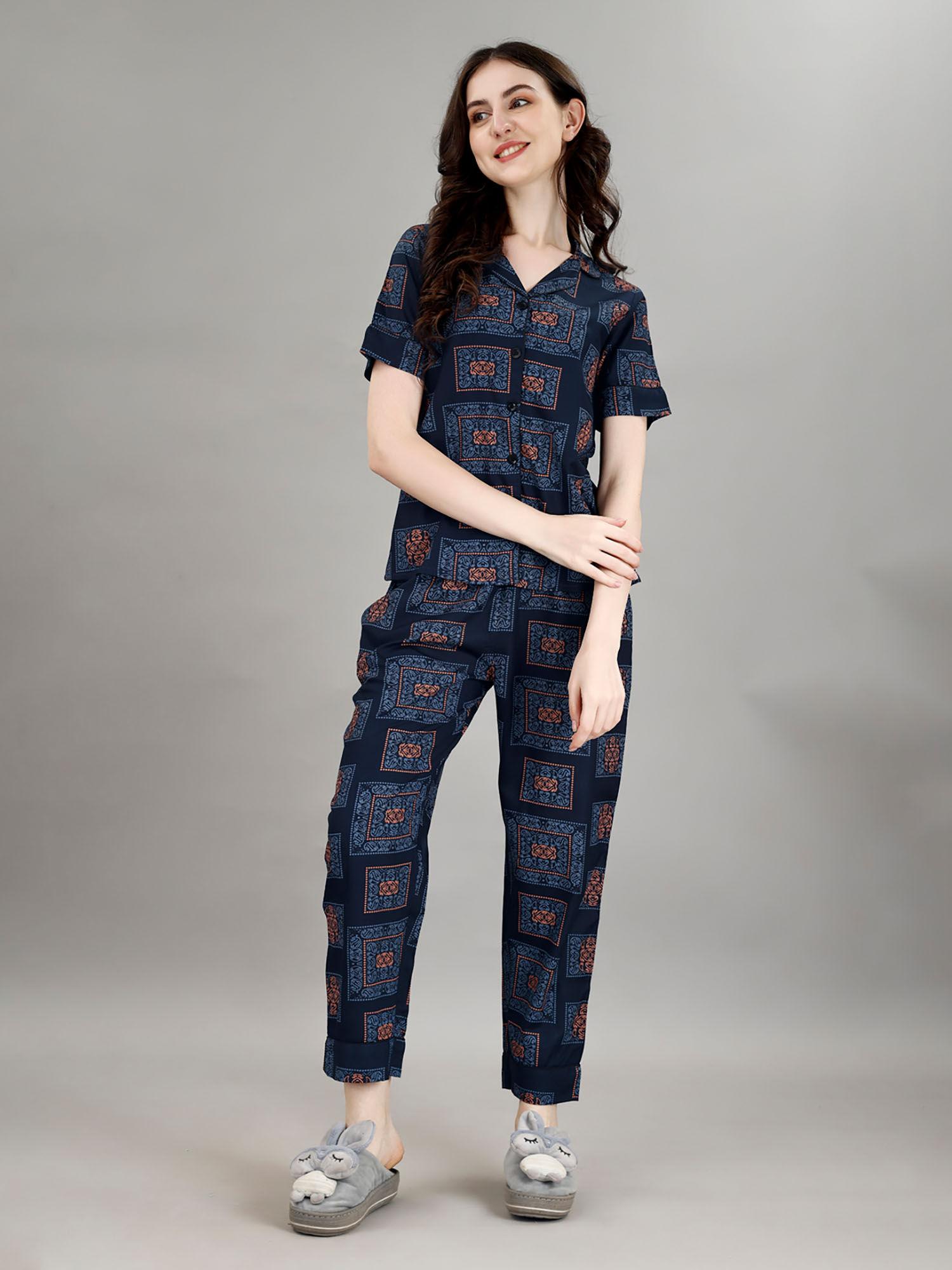 womens pure navy blue color aztec printed shirt & pyjamas night suit. (set of 2)