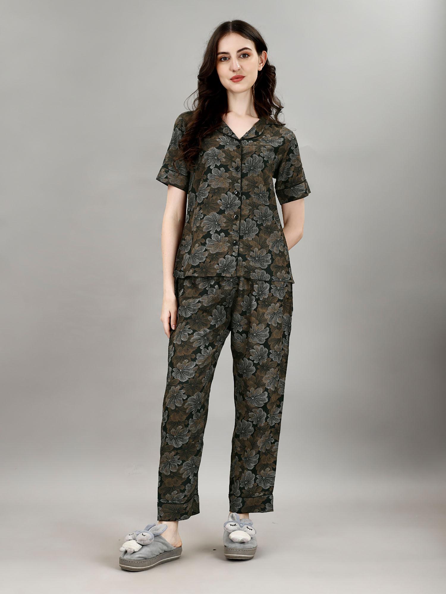 womens pure olive color floral printed shirt & pyjamas night suit. (set of 2)