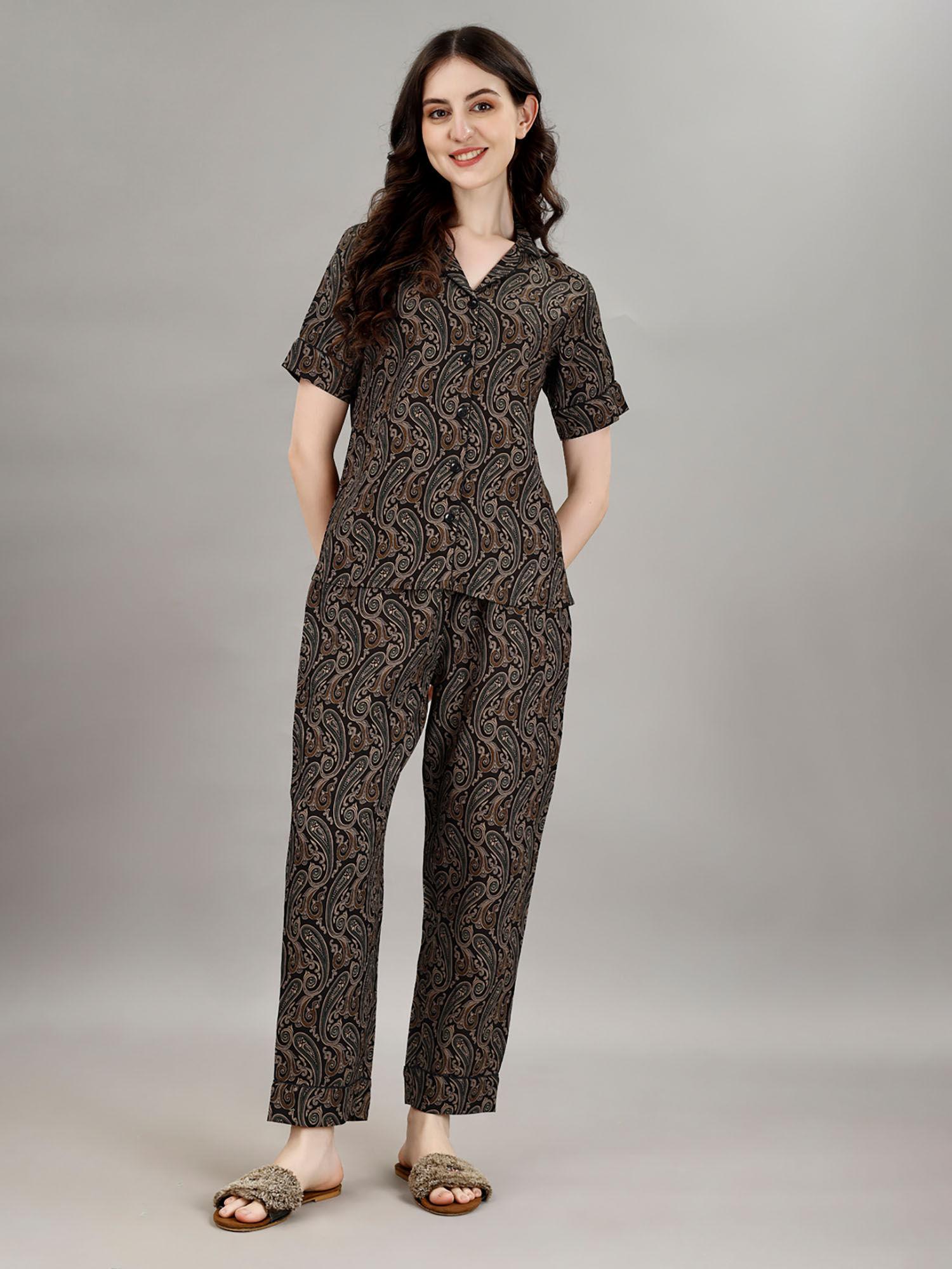 womens pure olive color paisley printed shirt & pyjamas night suit. (set of 2)