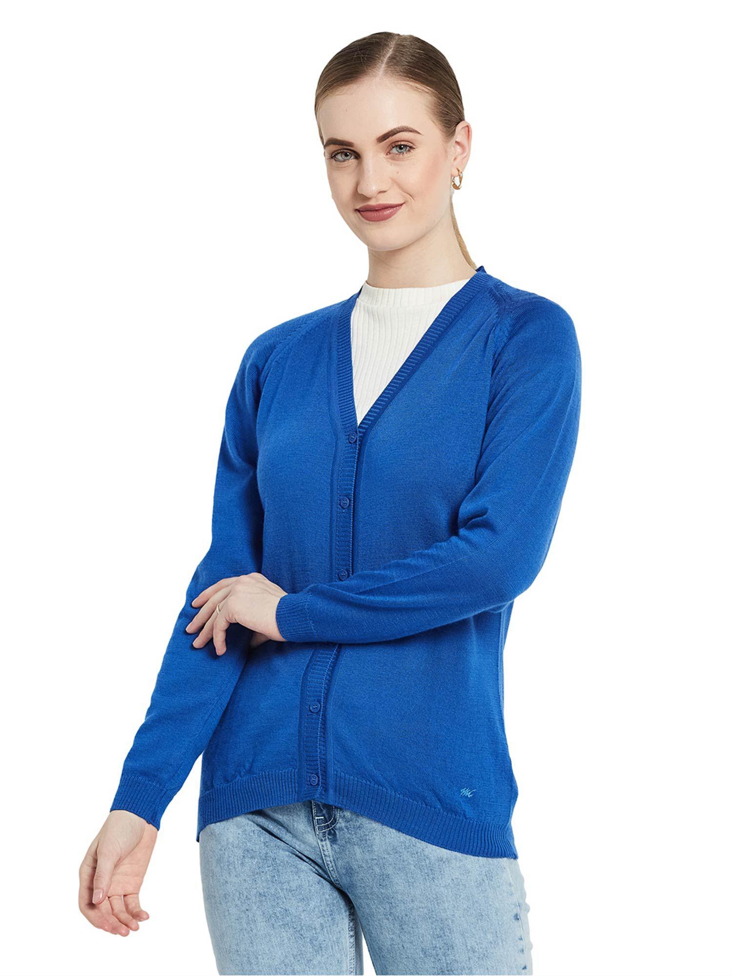 womens pure wool blue solid v neck cardigan