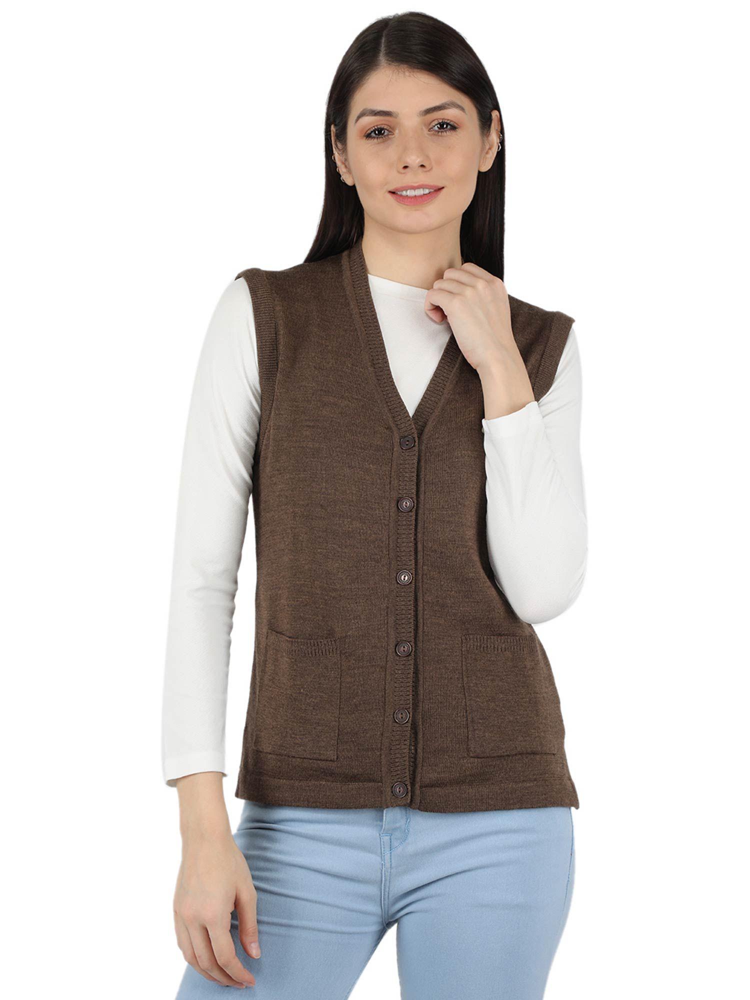 womens pure wool brown solid v neck cardigan