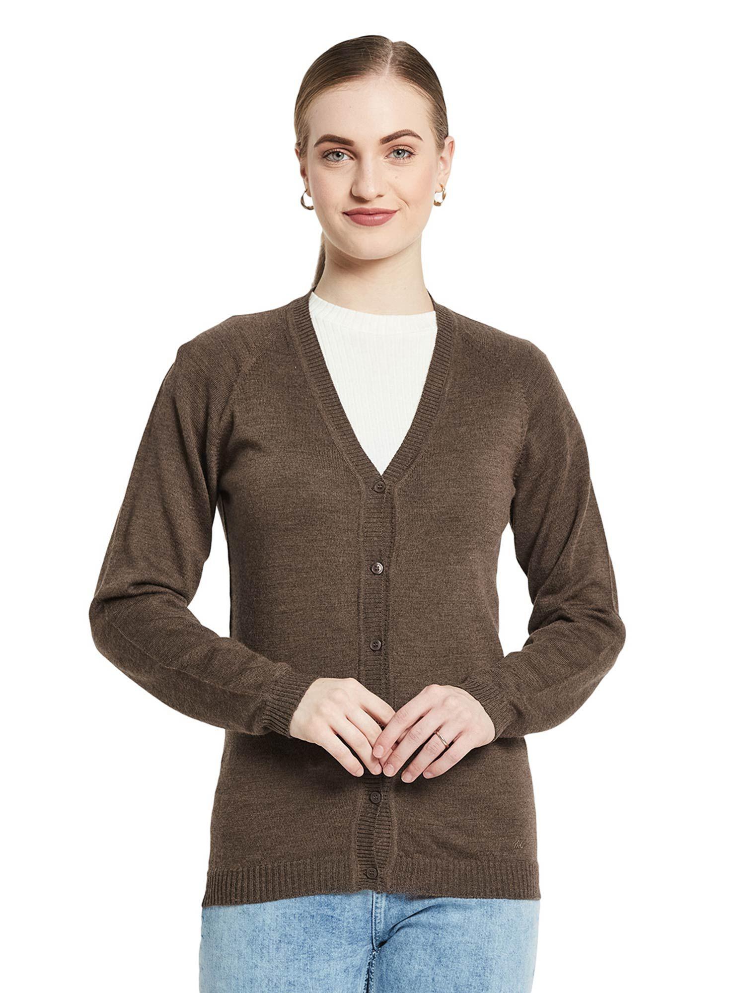 womens pure wool brown solid v neck cardigan